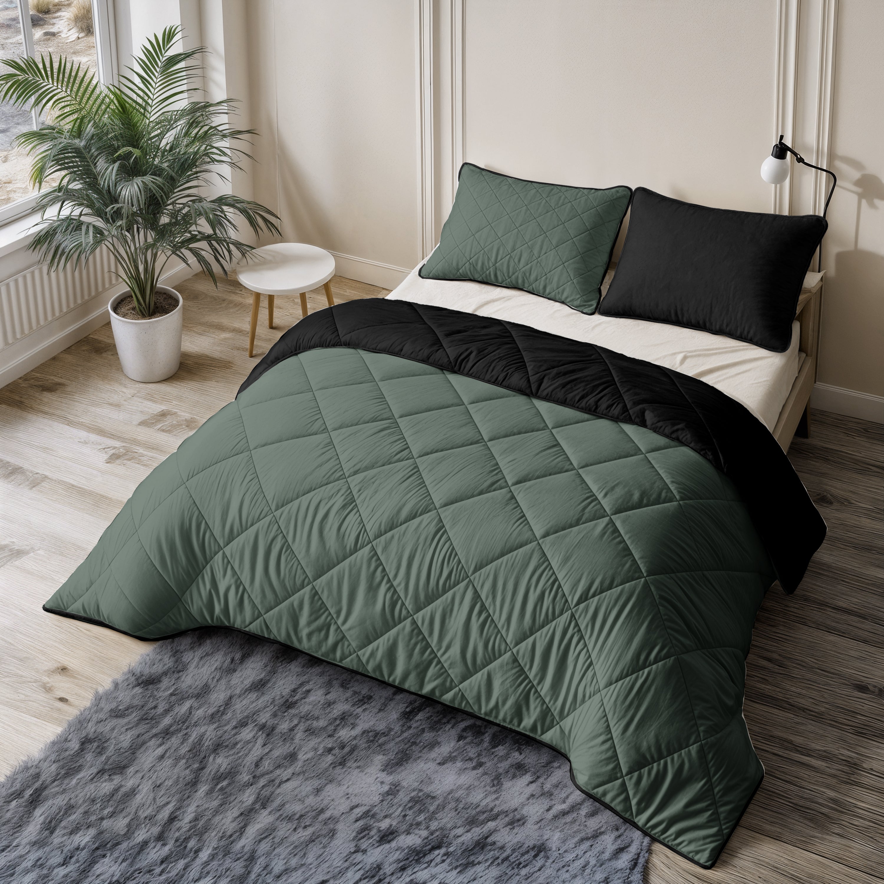 All-in One Lazy Velvet Dekbed Groen/Zwart - Dekbed met kussenslopen