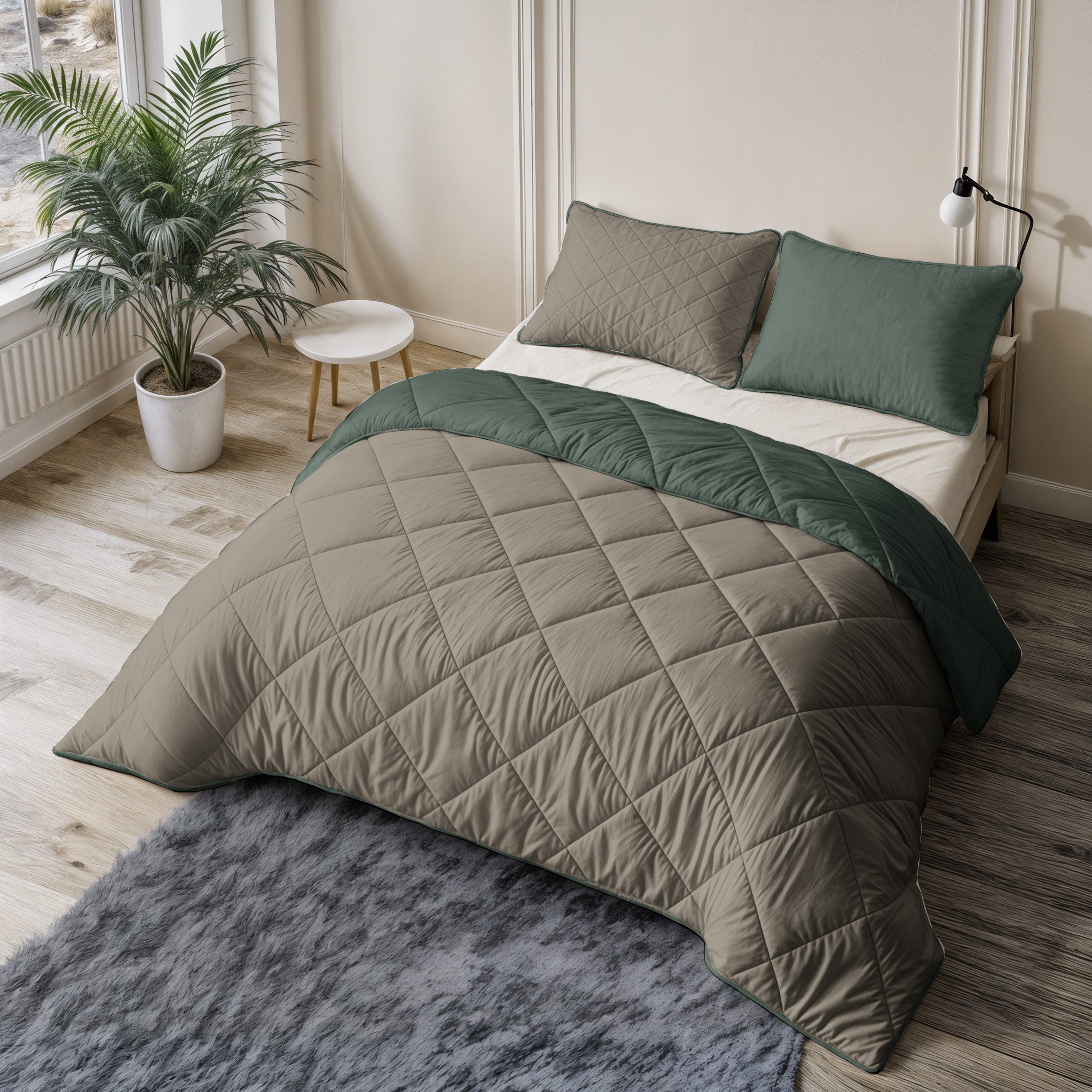 All-in One Lazy Velvet Dekbed Groen/Taupe - Dekbed met kussenslopen