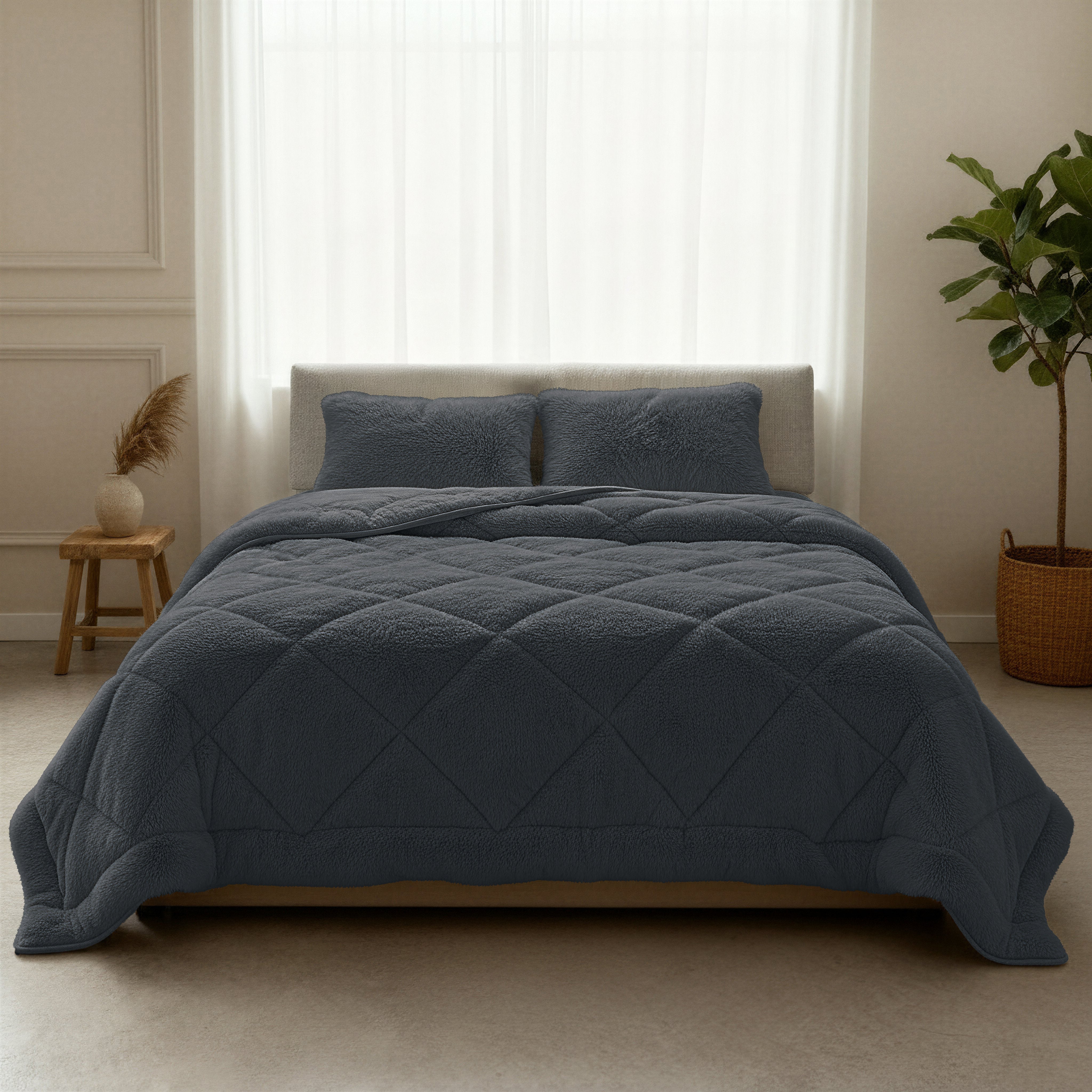 All-in One Lazy Faux Fur Dekbed Antraciet - Dekbed met kussenslopen