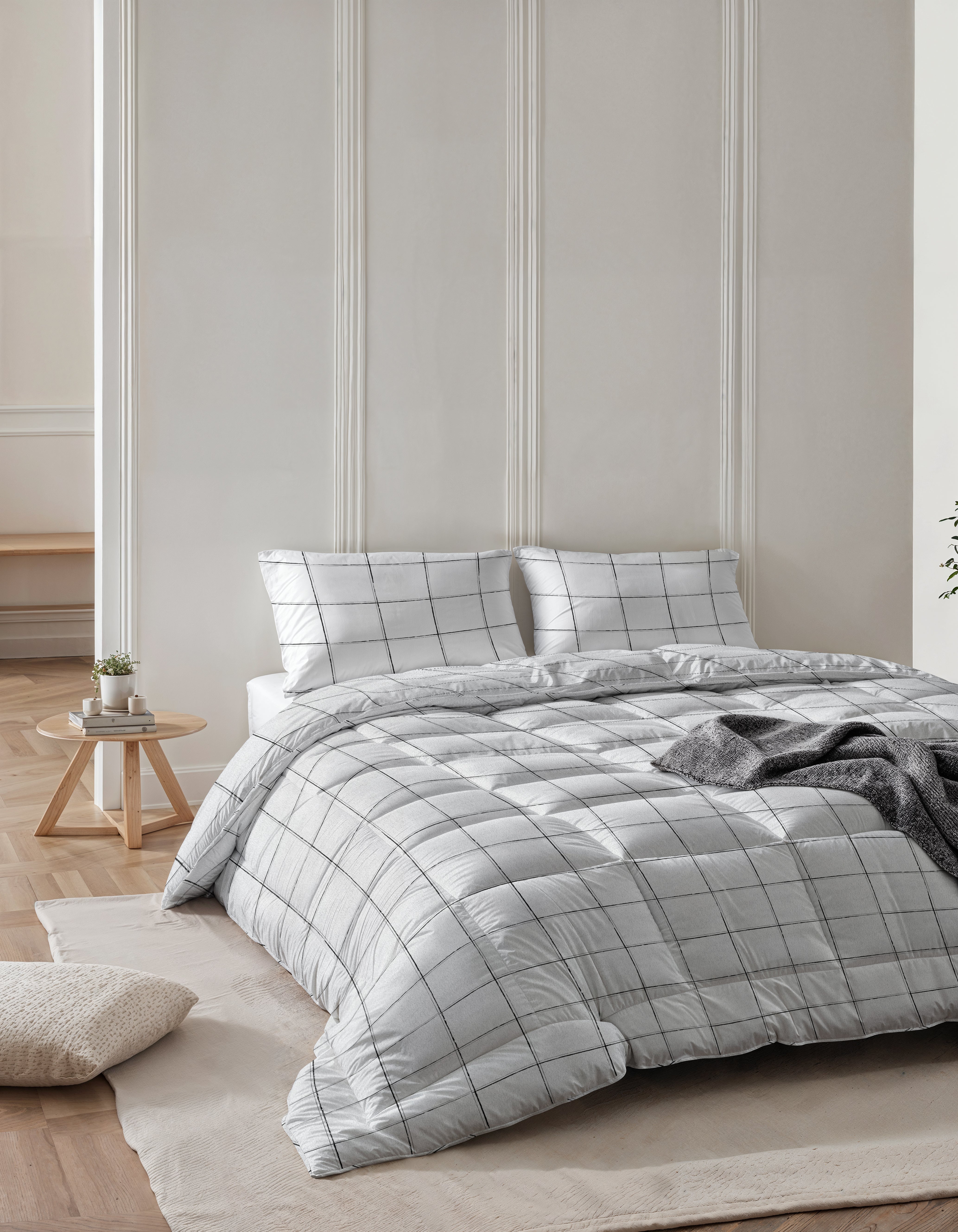 All-in One Lazy Dekbed Deep Check Wit - Dekbed met kussenslopen
