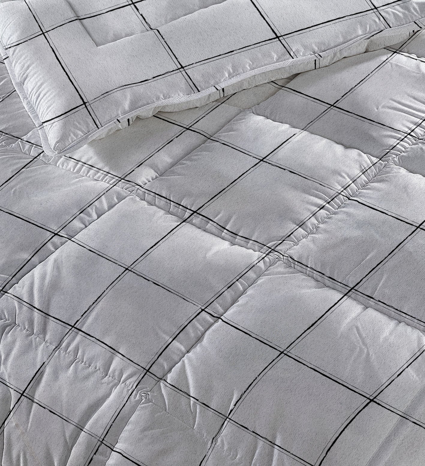 All-in One Lazy Dekbed Deep Check Wit - Dekbed met kussenslopen