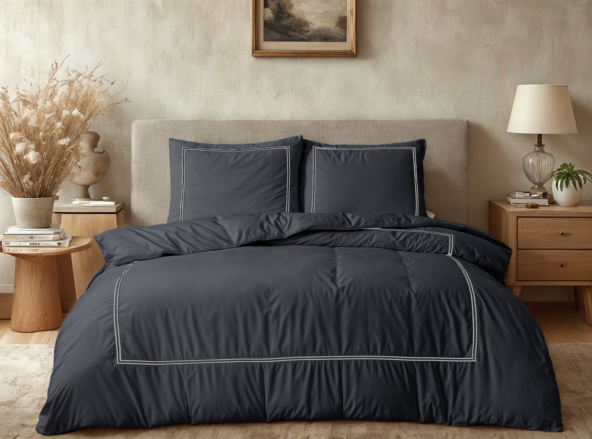 Brata Dekbedovertrek Zwart/Grijs - Fijn geweven katoen - Tot 260 lang - Hotel chique design