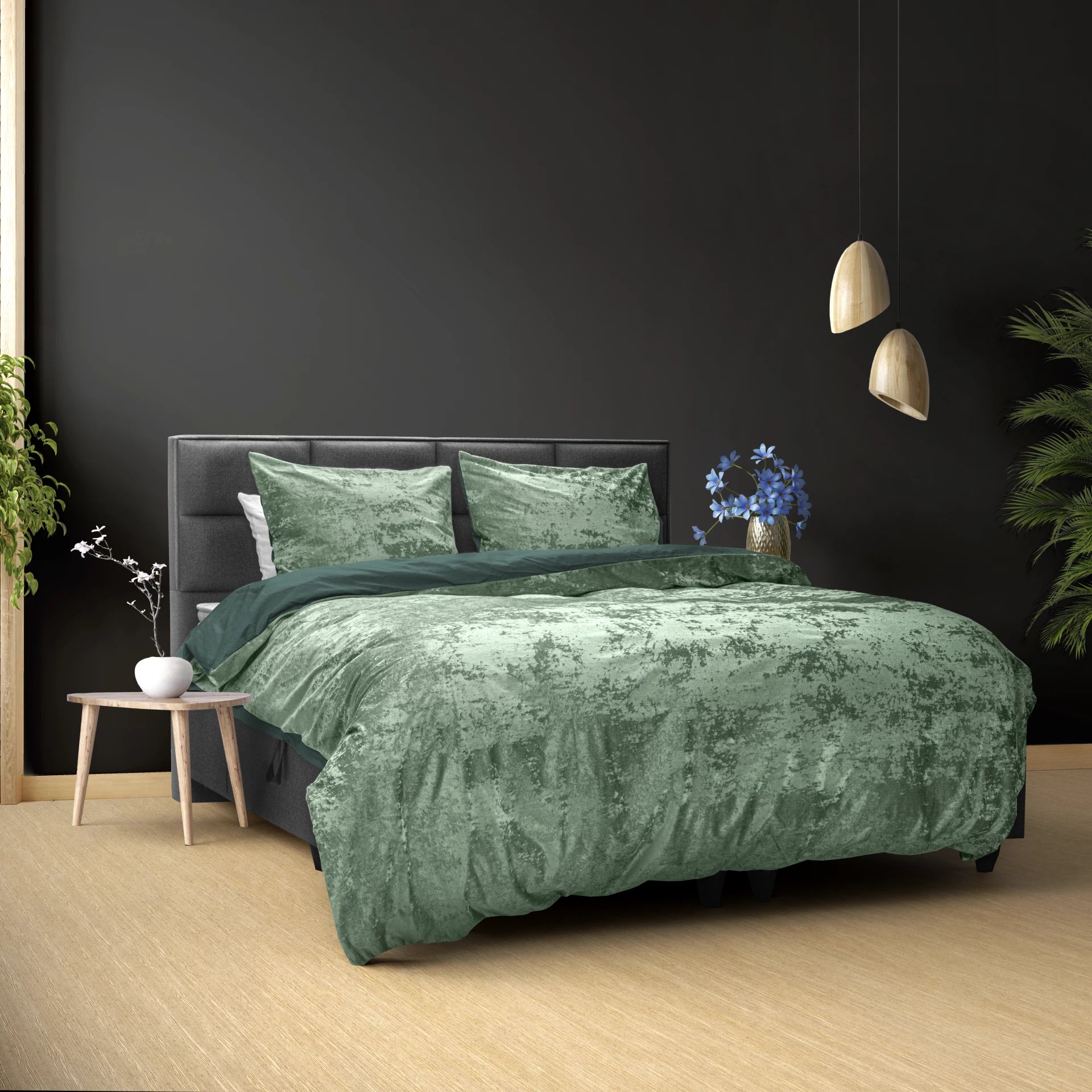 Crushed Velvet Duvet Cover Cotton Bottle Dark Green - Unique Design - Washed Effect - Luxurious Feel