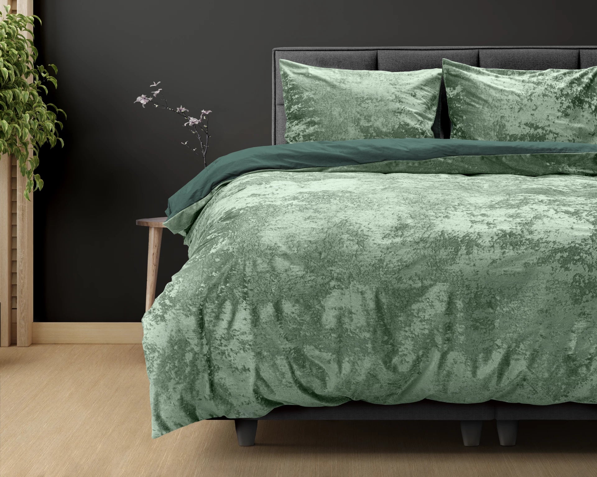 Crushed Velvet Duvet Cover Cotton Bottle Dark Green - Unique Design - Washed Effect - Luxurious Feel