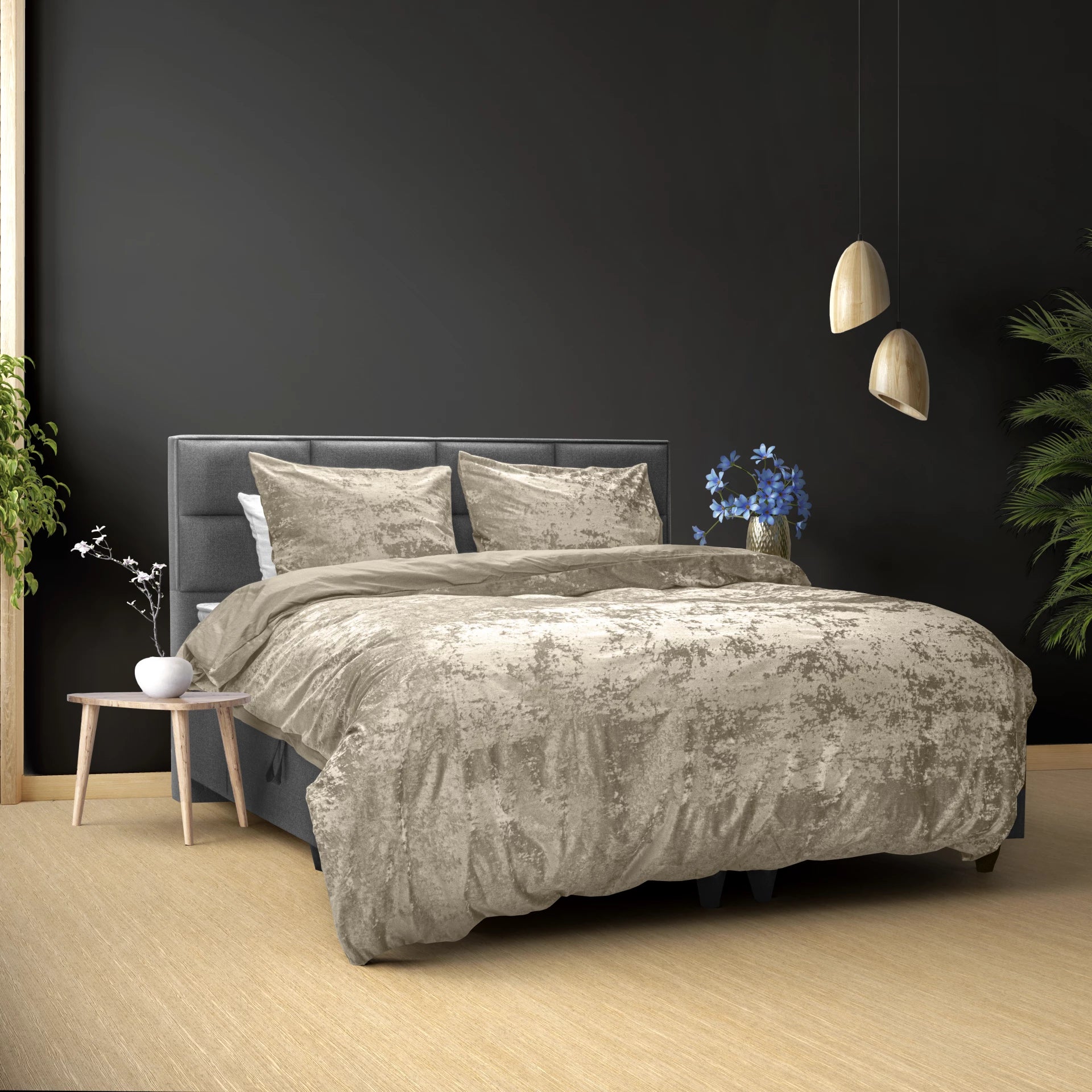 Crushed Velvet Duvet Cover Cotton Grey Taupe - Unique Design - Washed Effect - Luxurious Feel
