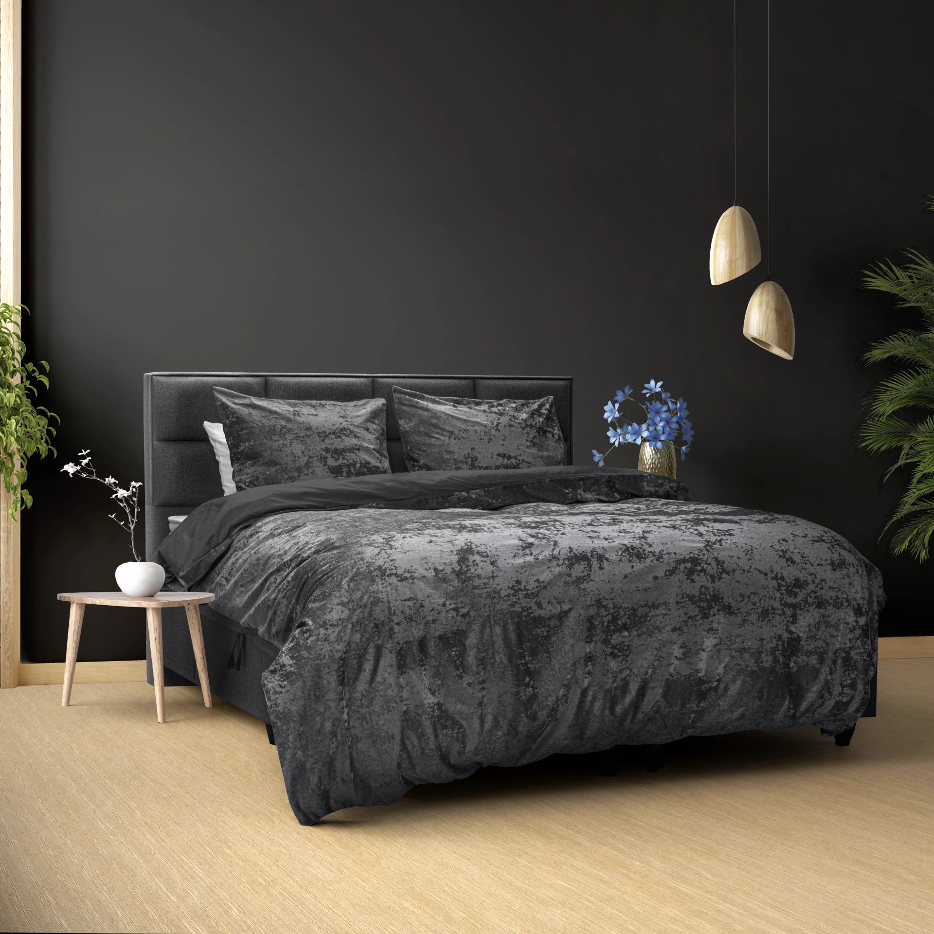 Crushed Velvet Duvet Cover Cotton Volcanic Anthracite - Unique Design - Washed Effect - Luxurious Feel