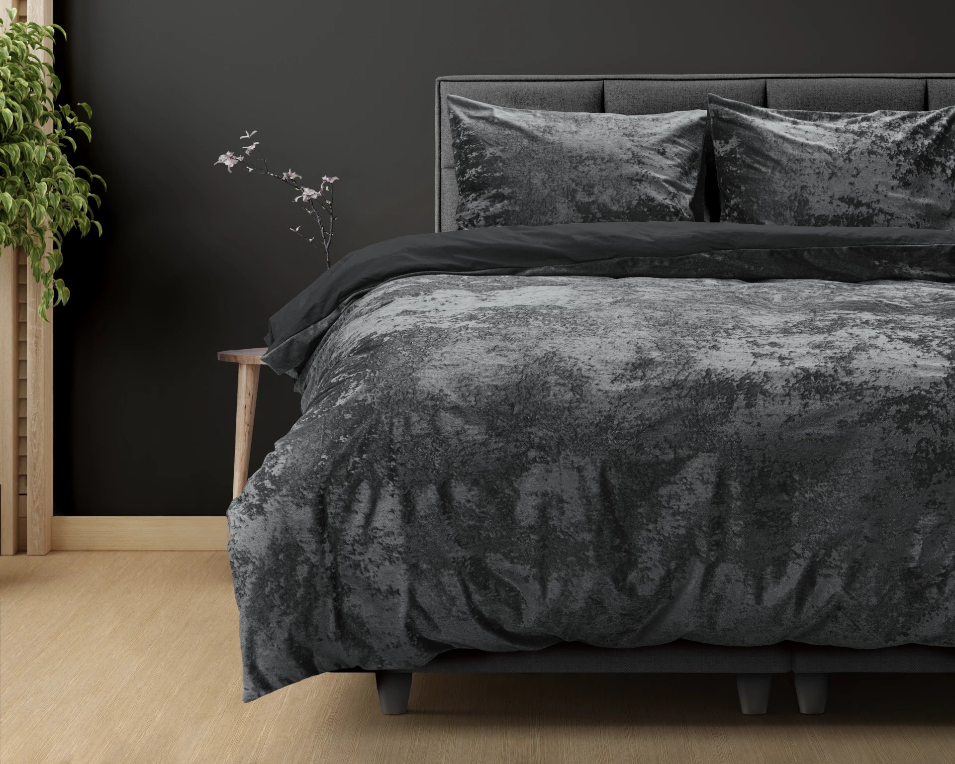 Crushed Velvet Duvet Cover Cotton Volcanic Anthracite - Unique Design - Washed Effect - Luxurious Feel