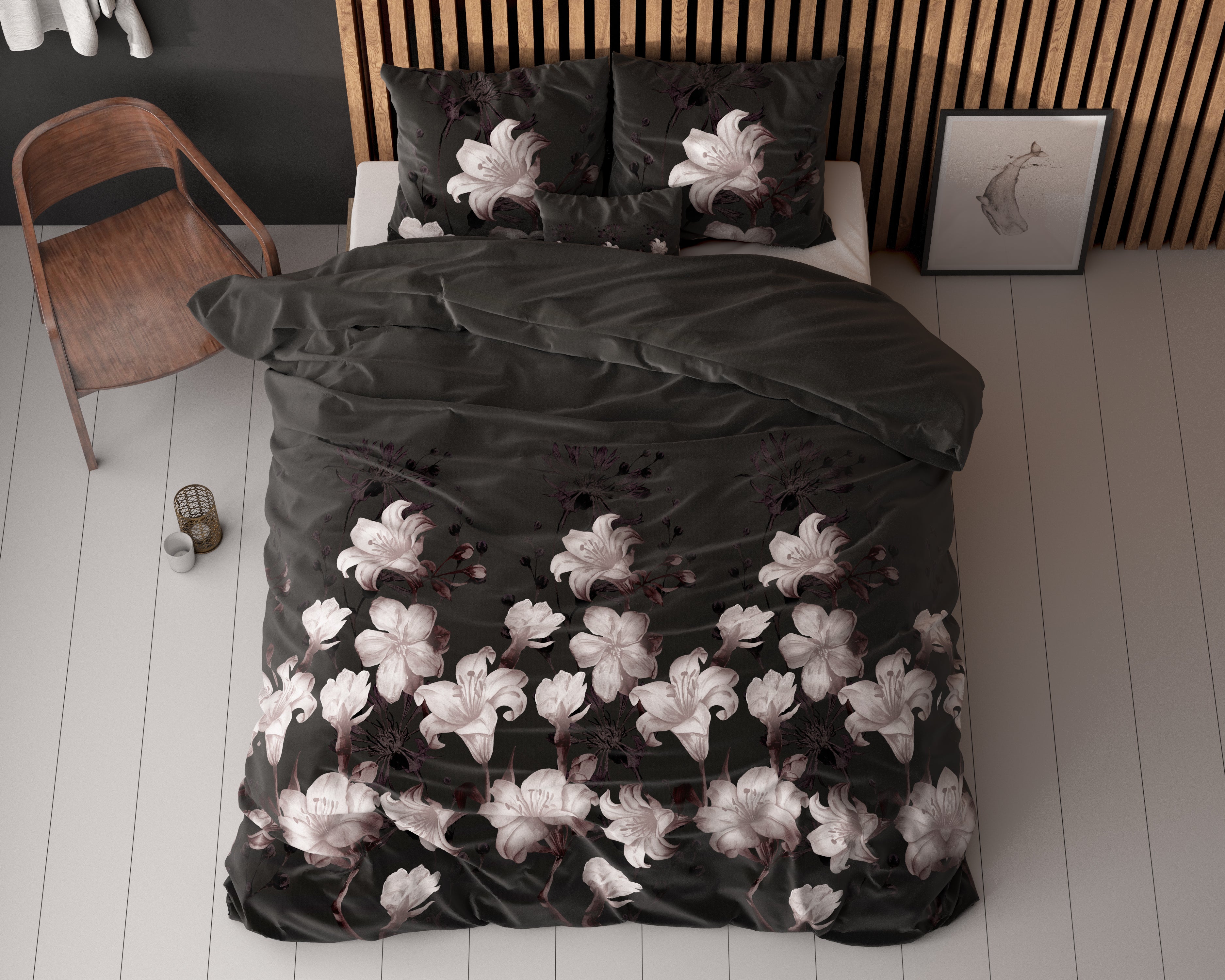 Dark Flower Dekbedovertrek Zwart - Katoen geweven - Strijkvrij - Leuke prints