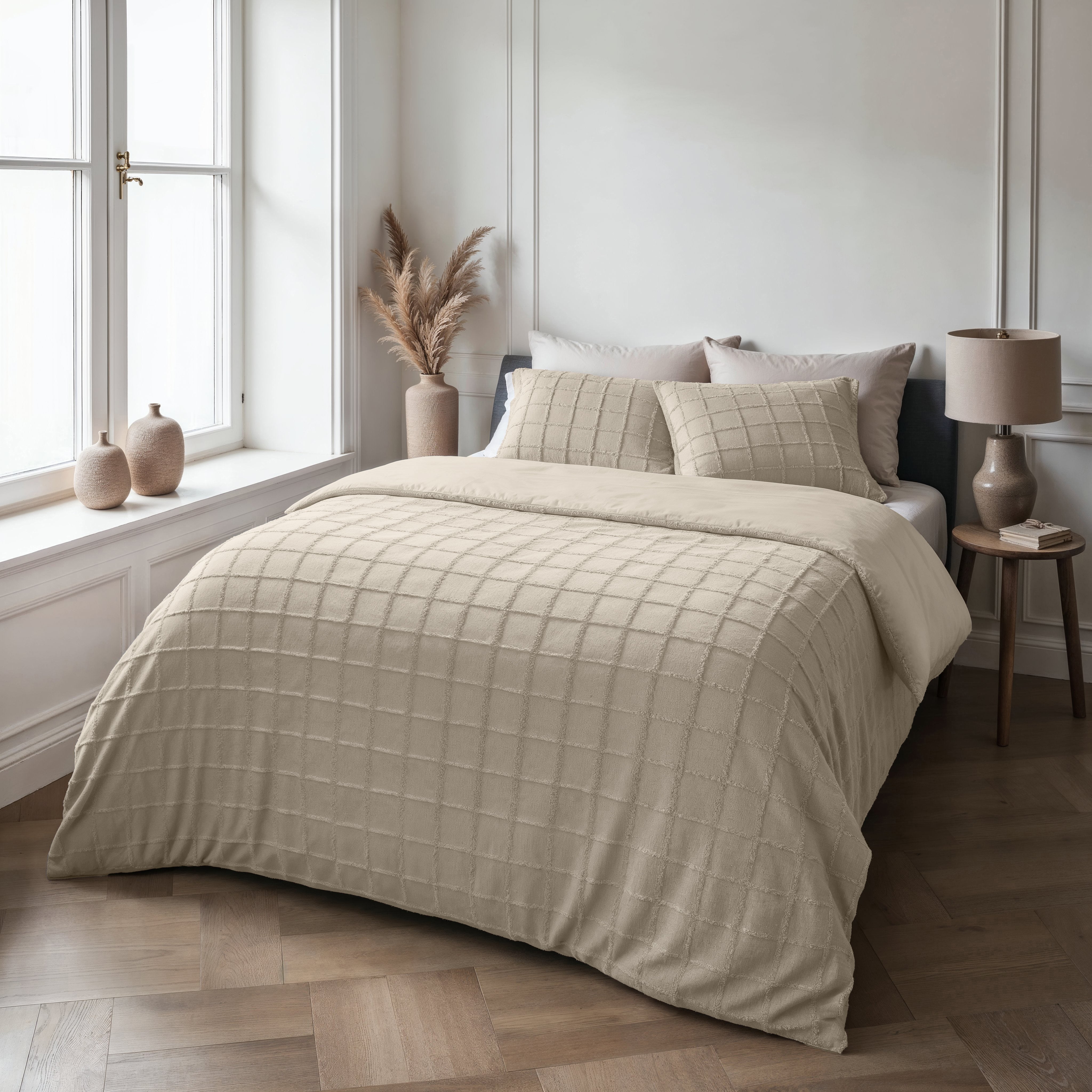 Faux Fur Check Duvet Cover Beige - Wonderfully soft - Chic design - Faux fur