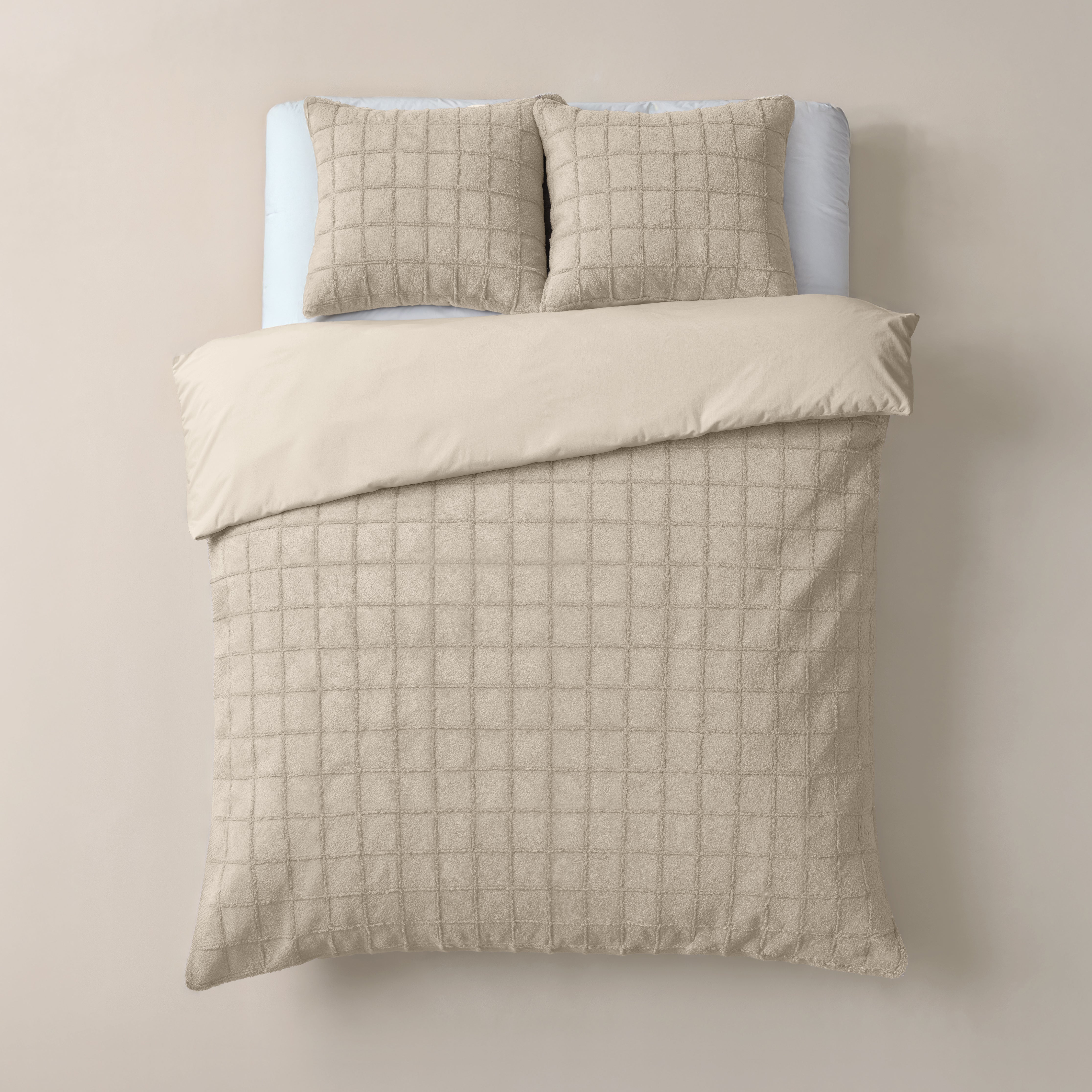 Faux Fur Check Dekbedovertrek Beige - Heerlijk zacht - Chique design - Nepbont