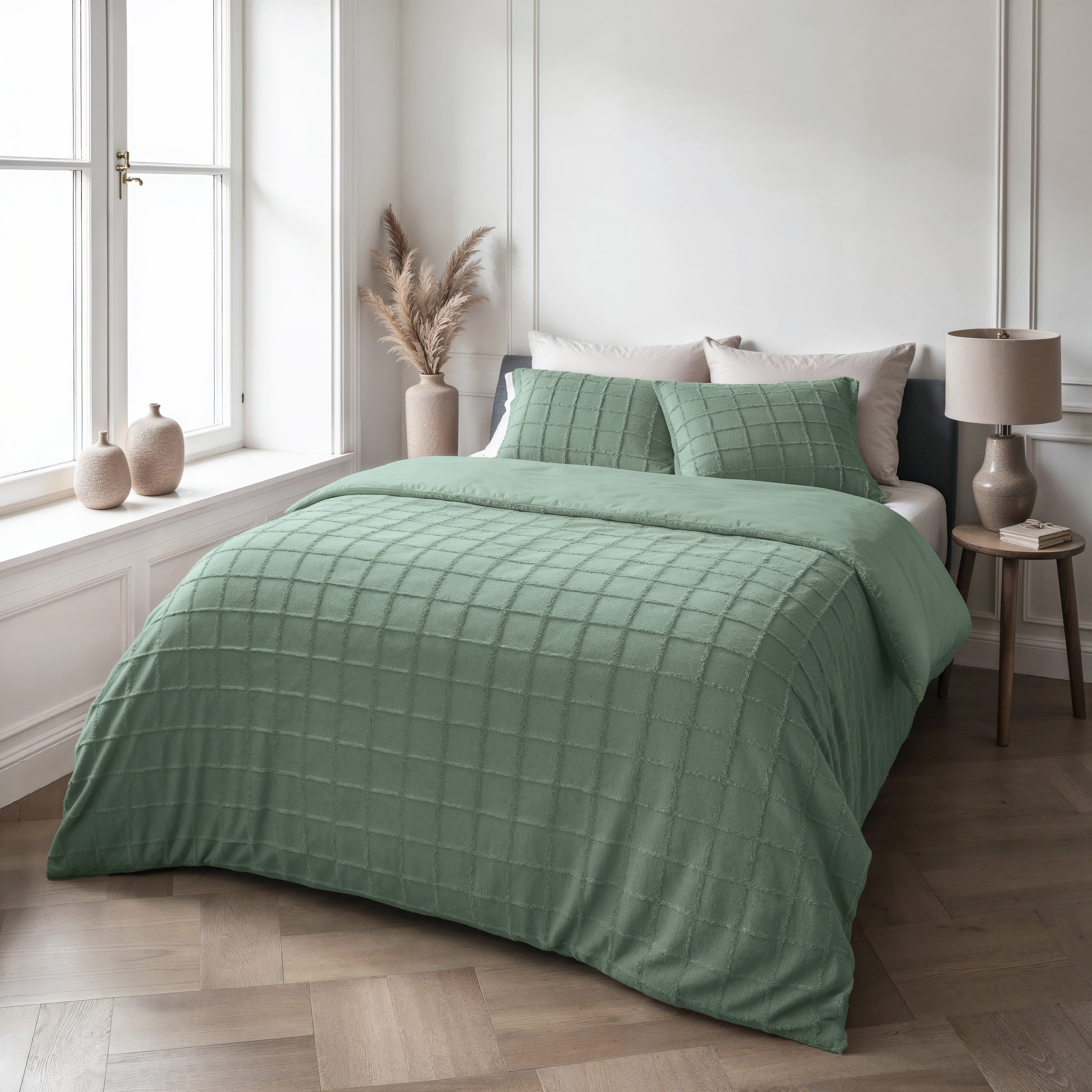 Faux Fur Check Duvet Cover Dark Green - Wonderfully soft - Chic design - Faux fur
