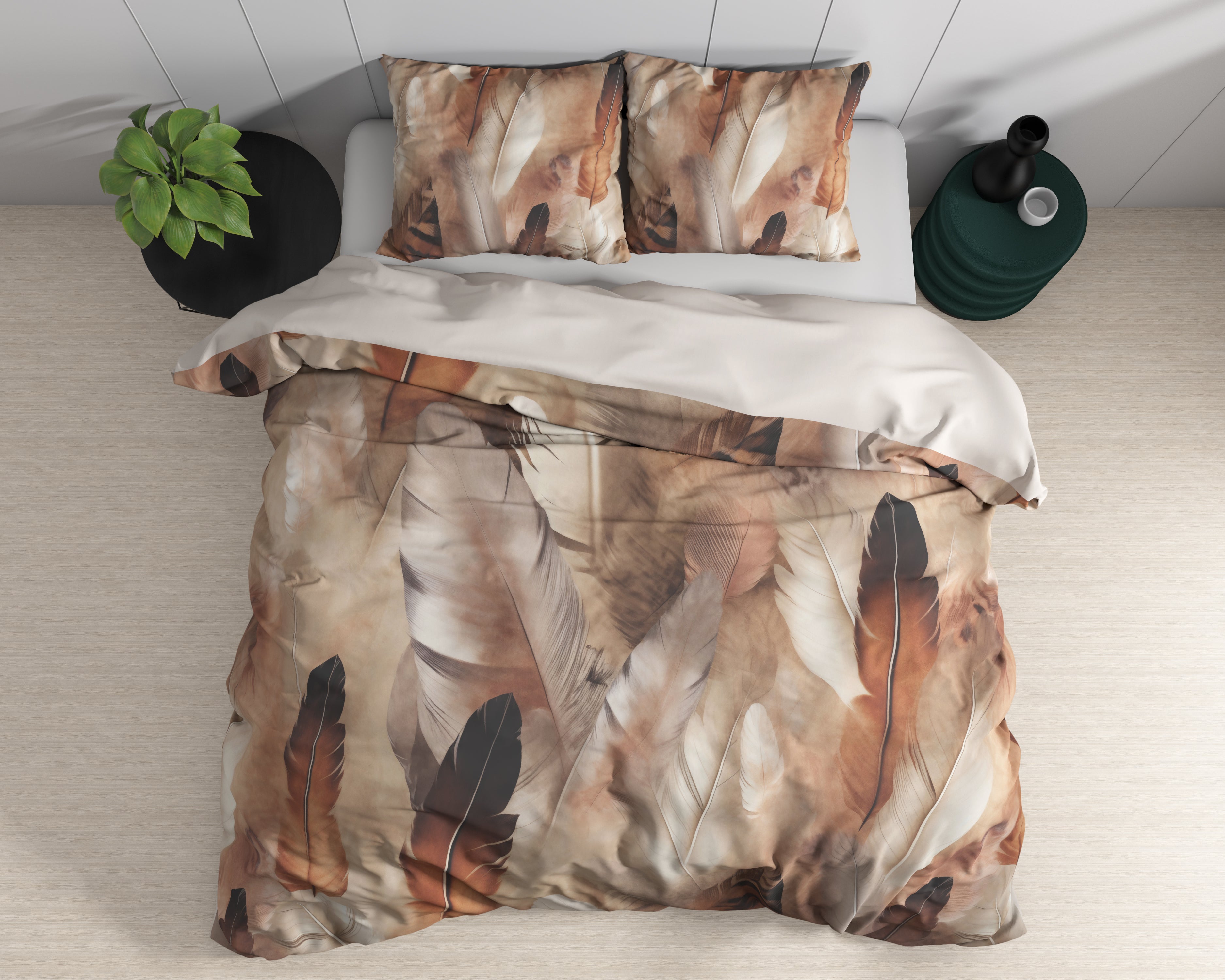 Feathura Duvet Cover Taupe - Luxury Satin - High Quality - Trendy Prints