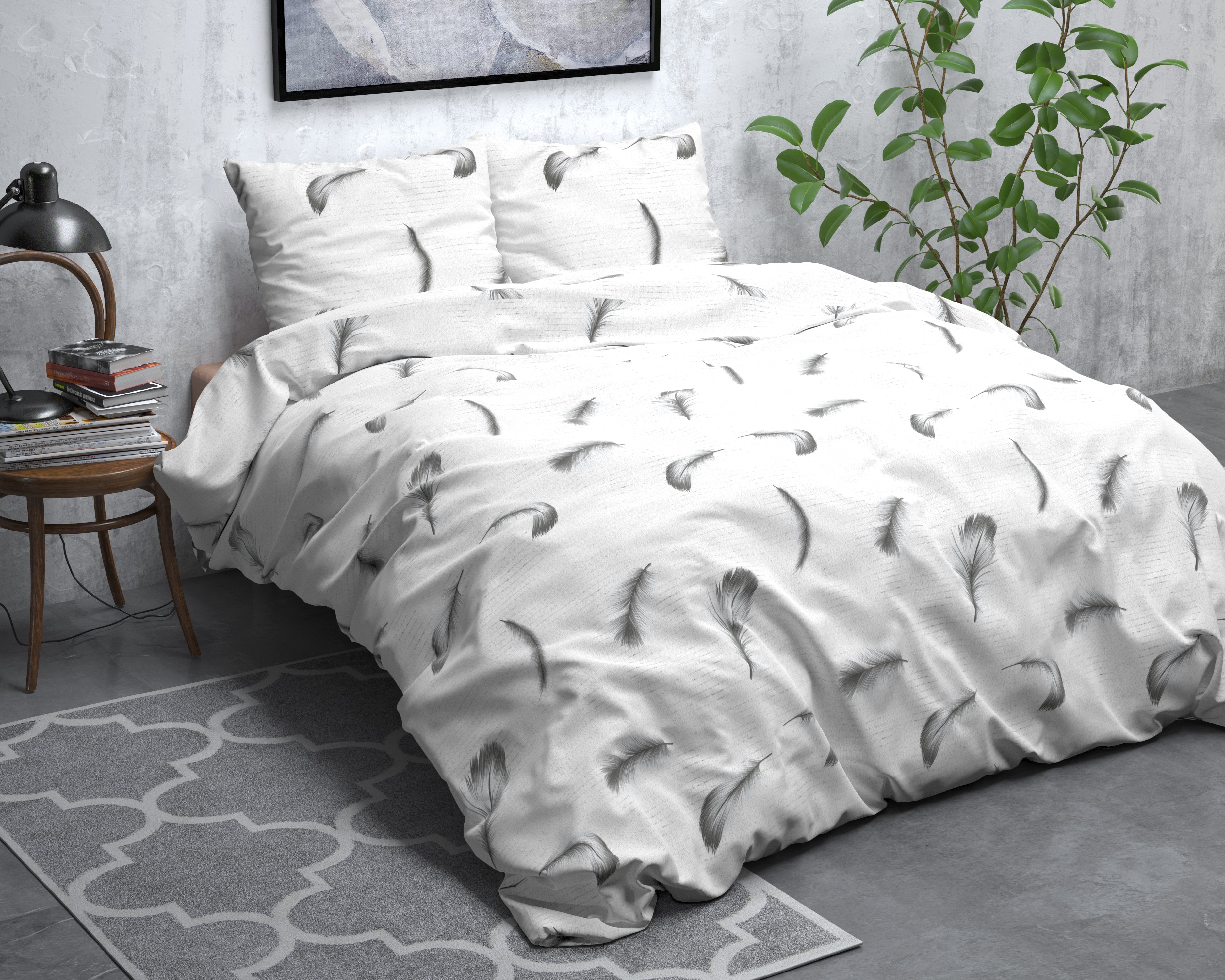 Flanel Dekbedovertrek Vintage Feathers Wit - Heerlijk warm - Leuke prints - Comfortabel zacht