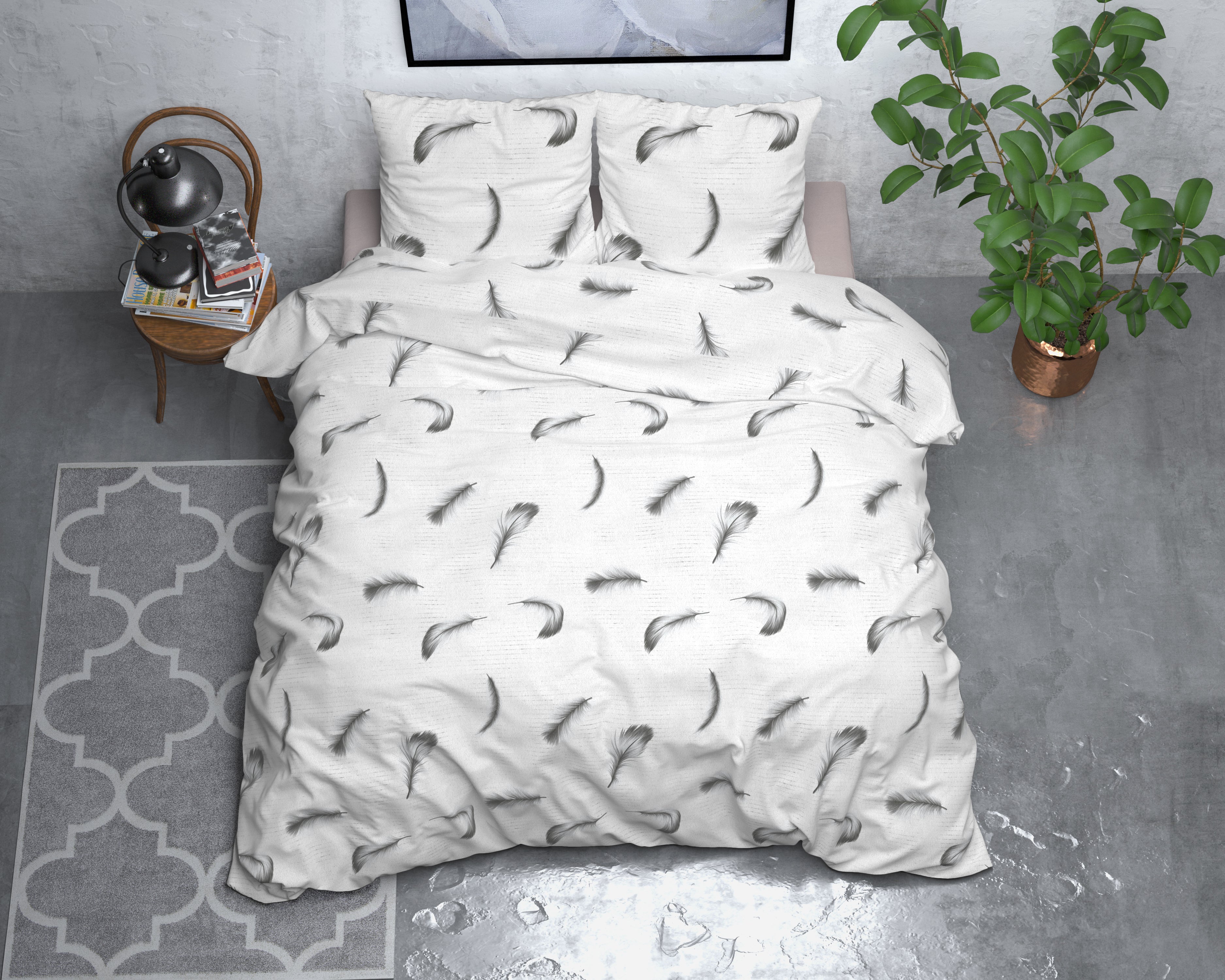Flanel Dekbedovertrek Vintage Feathers Wit - Heerlijk warm - Leuke prints - Comfortabel zacht