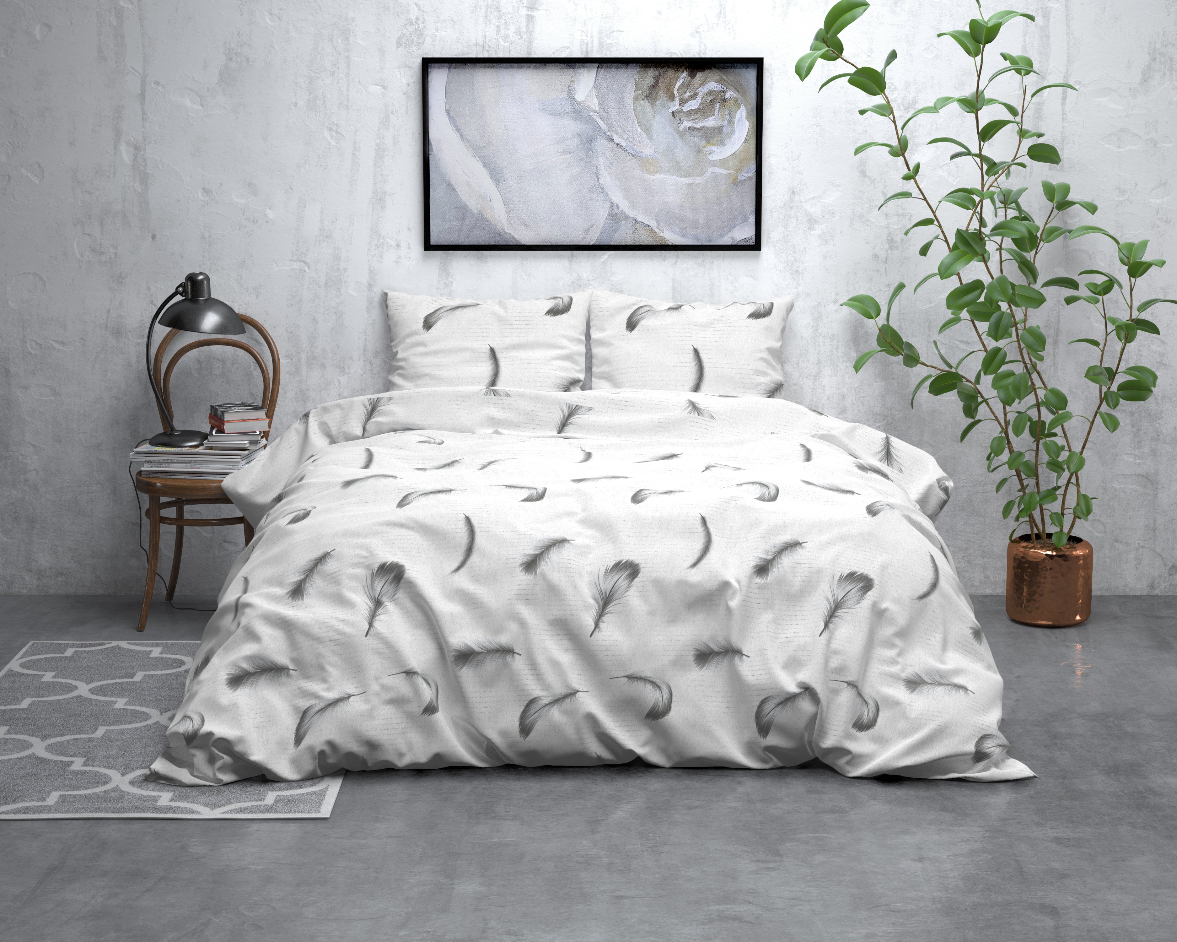 Flanel Dekbedovertrek Vintage Feathers Wit - Heerlijk warm - Leuke prints - Comfortabel zacht