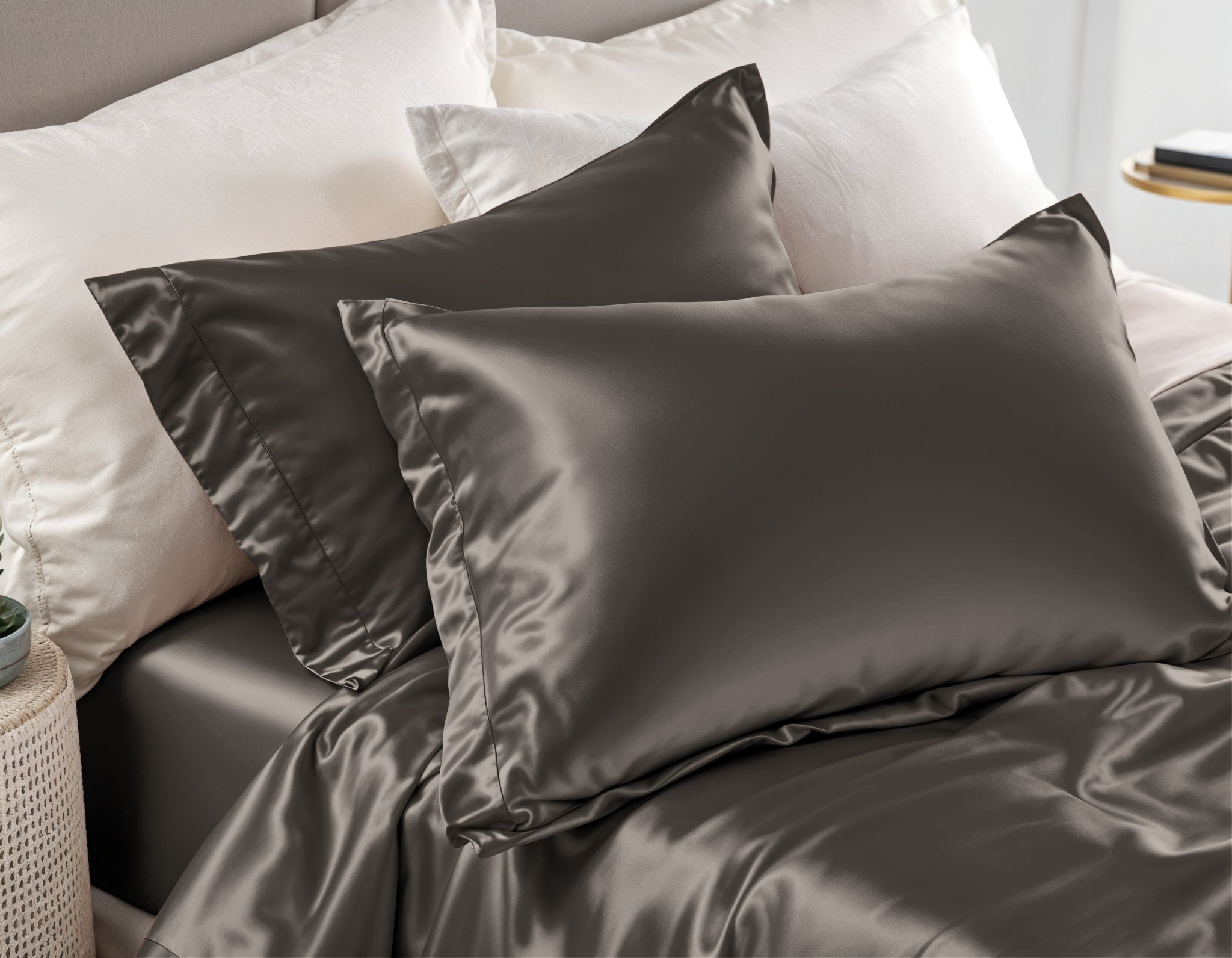 Glossy Antraciet Kussensloop 60 x 70 - Anti haar slijtage - Haarsalon product - 2 stuks in 1 verpakking