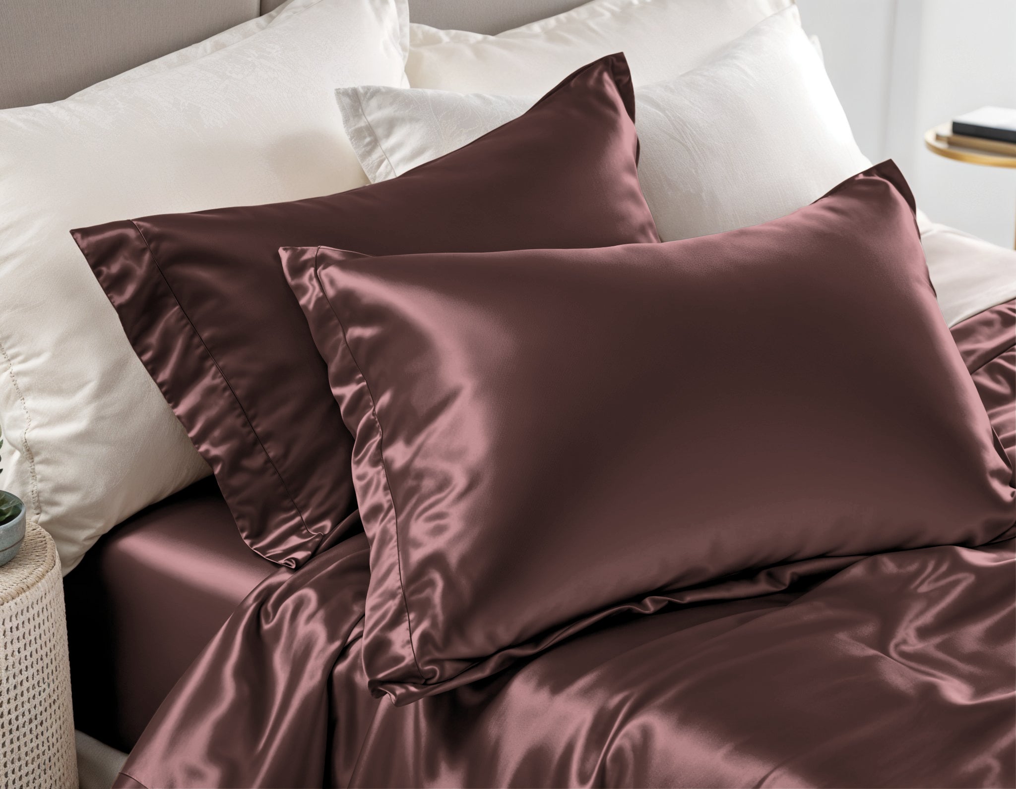 Glossy Bruin Kussensloop 60 x 70 - Anti haar slijtage - Haarsalon product - 2 stuks in 1 verpakking