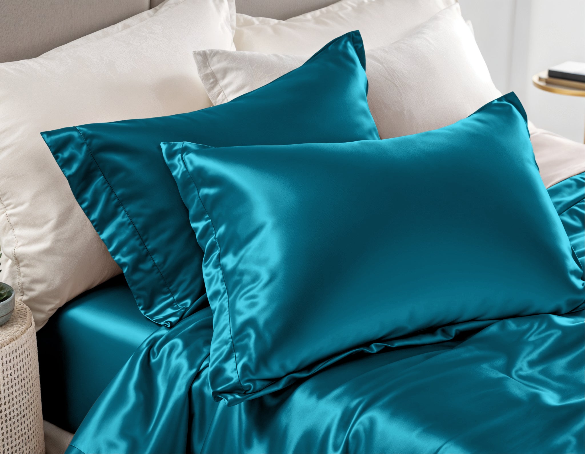 Glossy Petrol Kussensloop 60 x 70 - Anti haar slijtage - Haarsalon product - 2 stuks in 1 verpakking