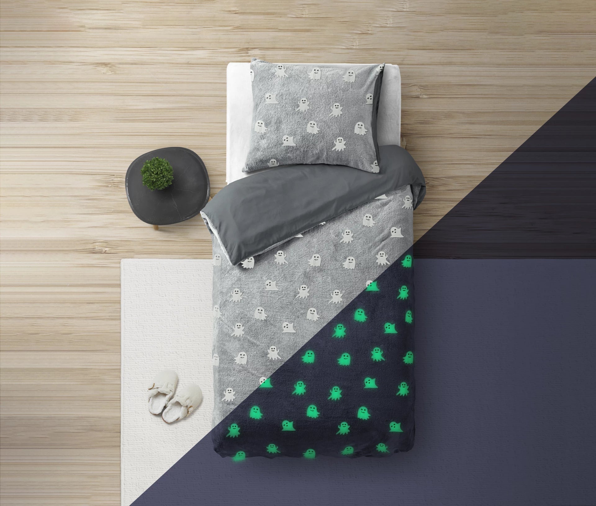 Glow in the dark Duvet cover Spooky Grey 140 x 200/220 - Luminous - Super soft teddy fleece - Sleep wonderfully