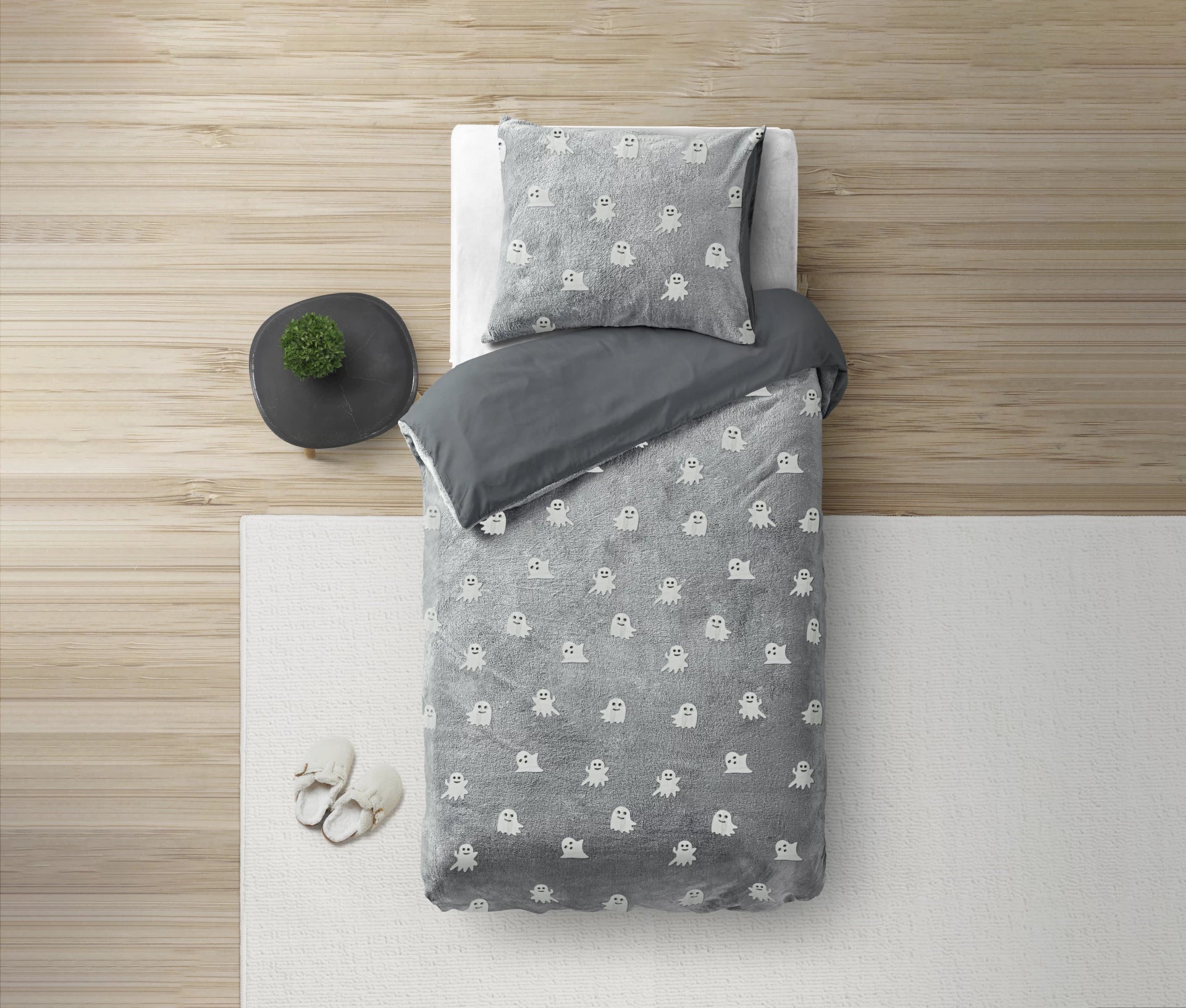 Glow in the dark Duvet cover Spooky Grey 140 x 200/220 - Luminous - Super soft teddy fleece - Sleep wonderfully
