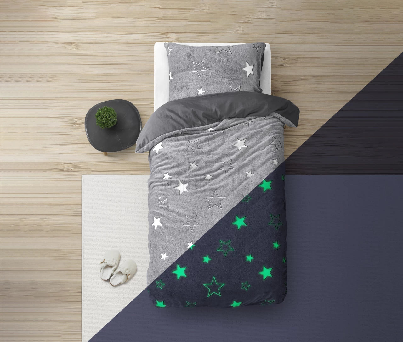 Glow in the dark Duvet Cover Stars Gray - Luminous - Super soft teddy fleece - Sleep wonderfully