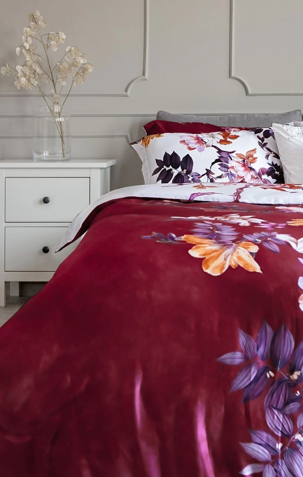 Katoen Satijnen Dekbedovertrek Floral Vine Red & White - Luxe Lits Jumeaux