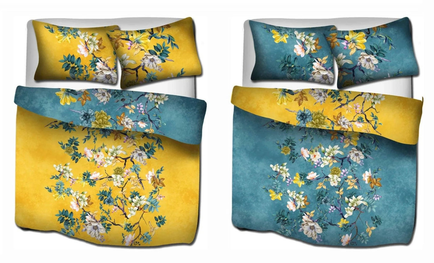 Luxe Katoen Satijnen Dekbedovertrek Floral Vine Yellow & Blue | Thread Count 350 | Lits Jumeaux