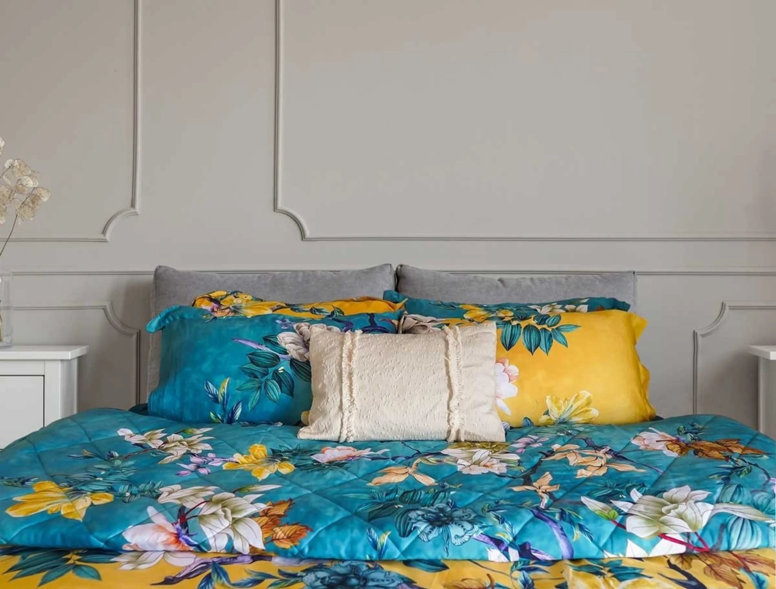 Floral Vine Yellow & Blue Cotton Satin Duvet Cover Double