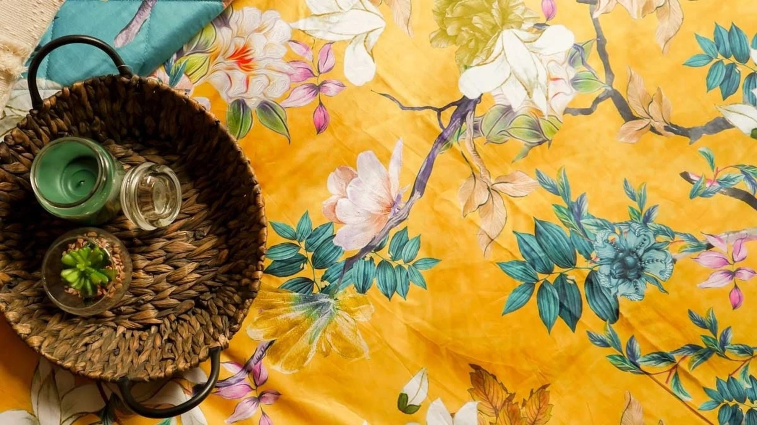 Floral Vine Yellow & Blue Cotton Satin Duvet Cover Double