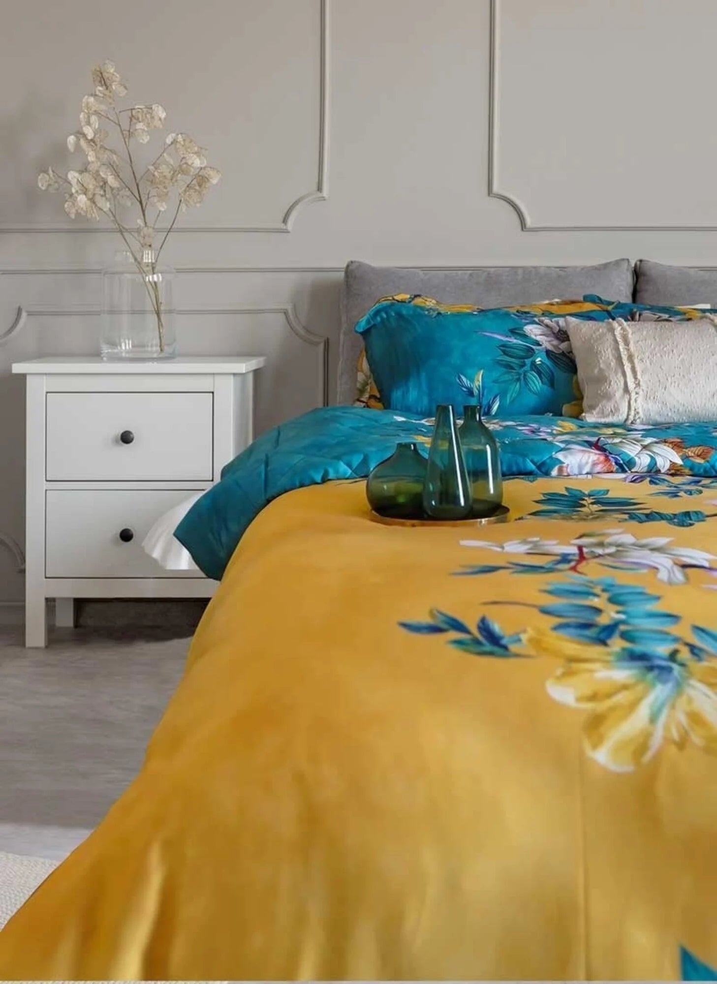 Floral Vine Yellow & Blue Cotton Satin Duvet Cover Double