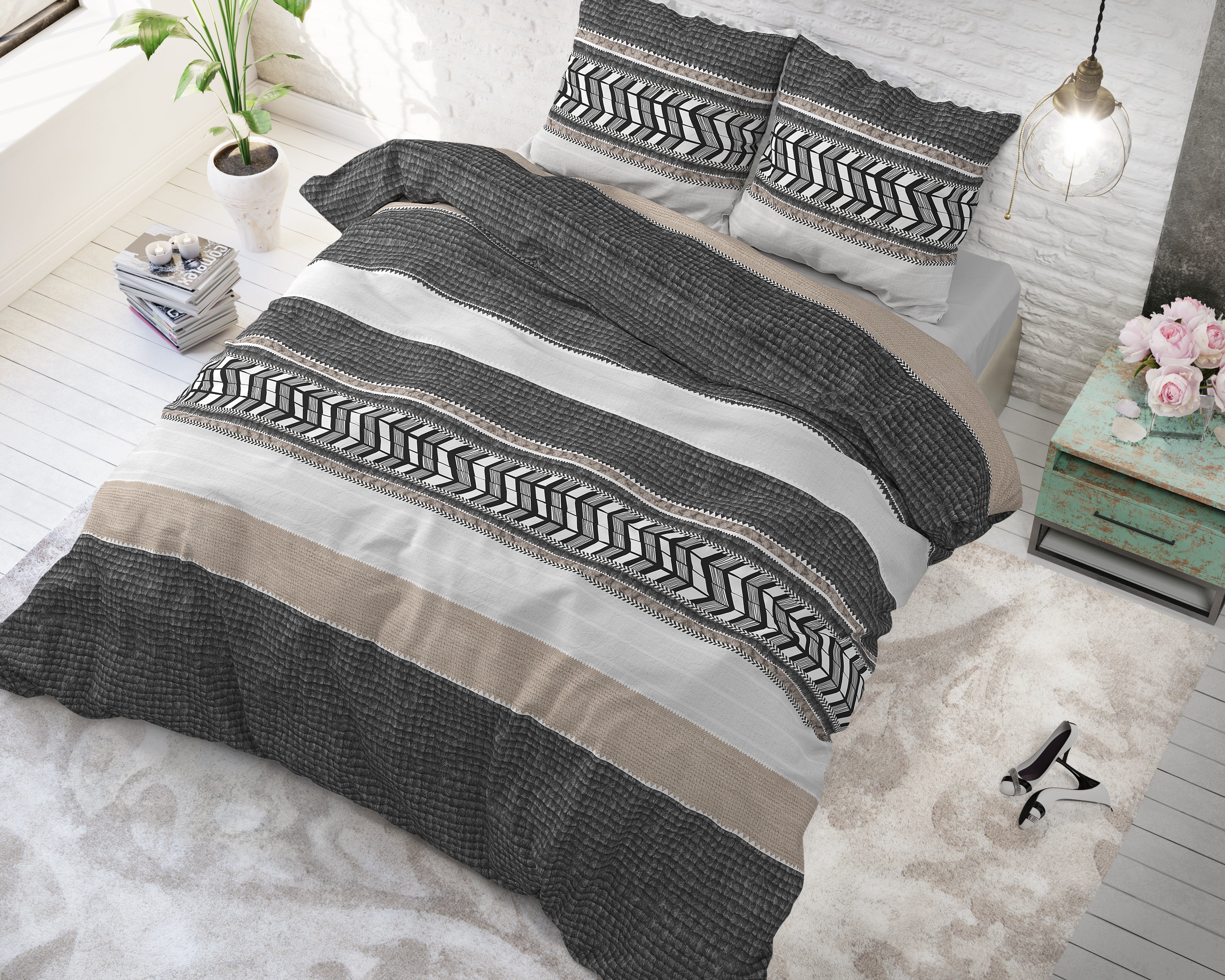 Northern Stripe Duvet Cover Gray - Breathable Cotton - Trendy Designs - With Press Studs