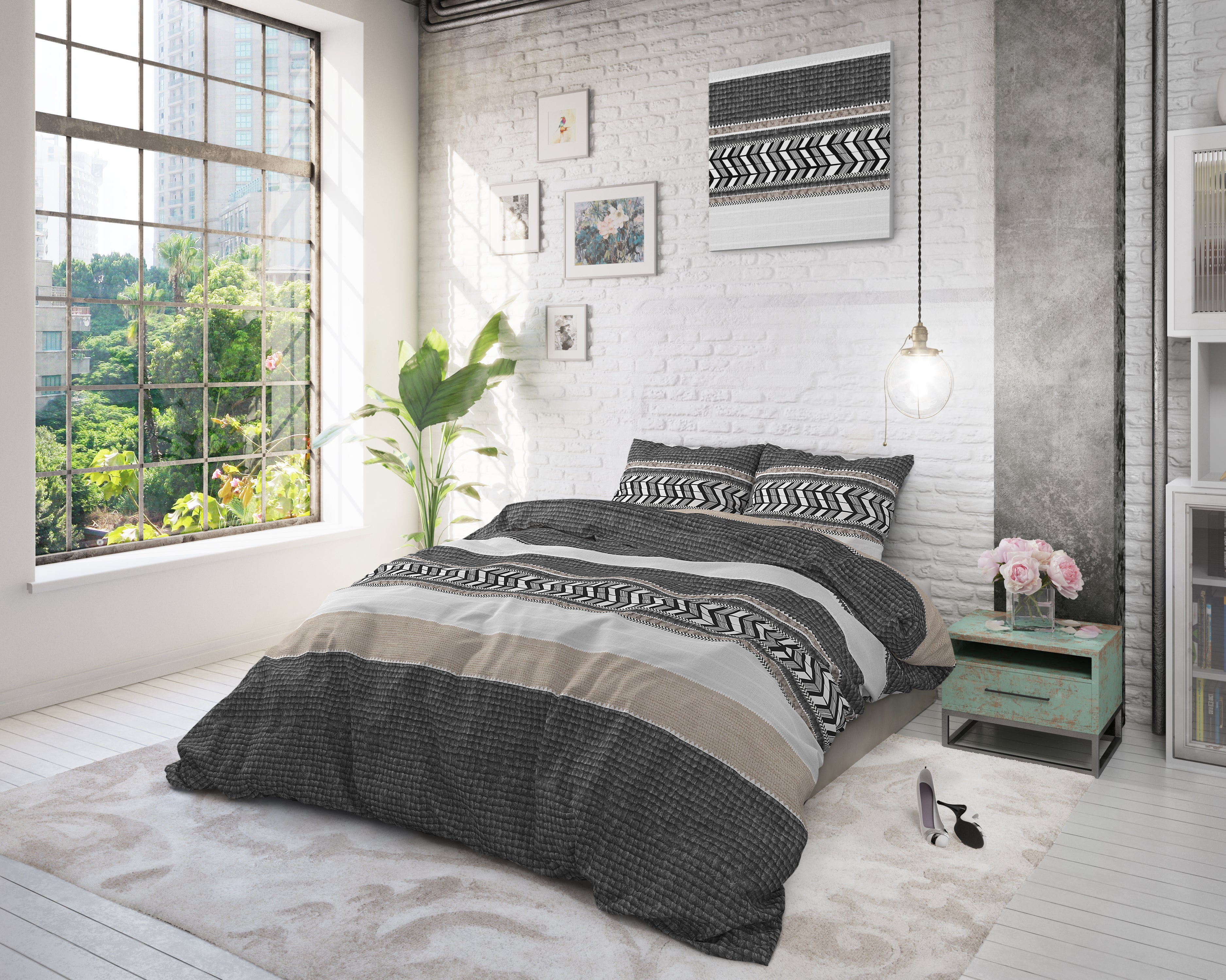 Northern Stripe Duvet Cover Gray - Breathable Cotton - Trendy Designs - With Press Studs