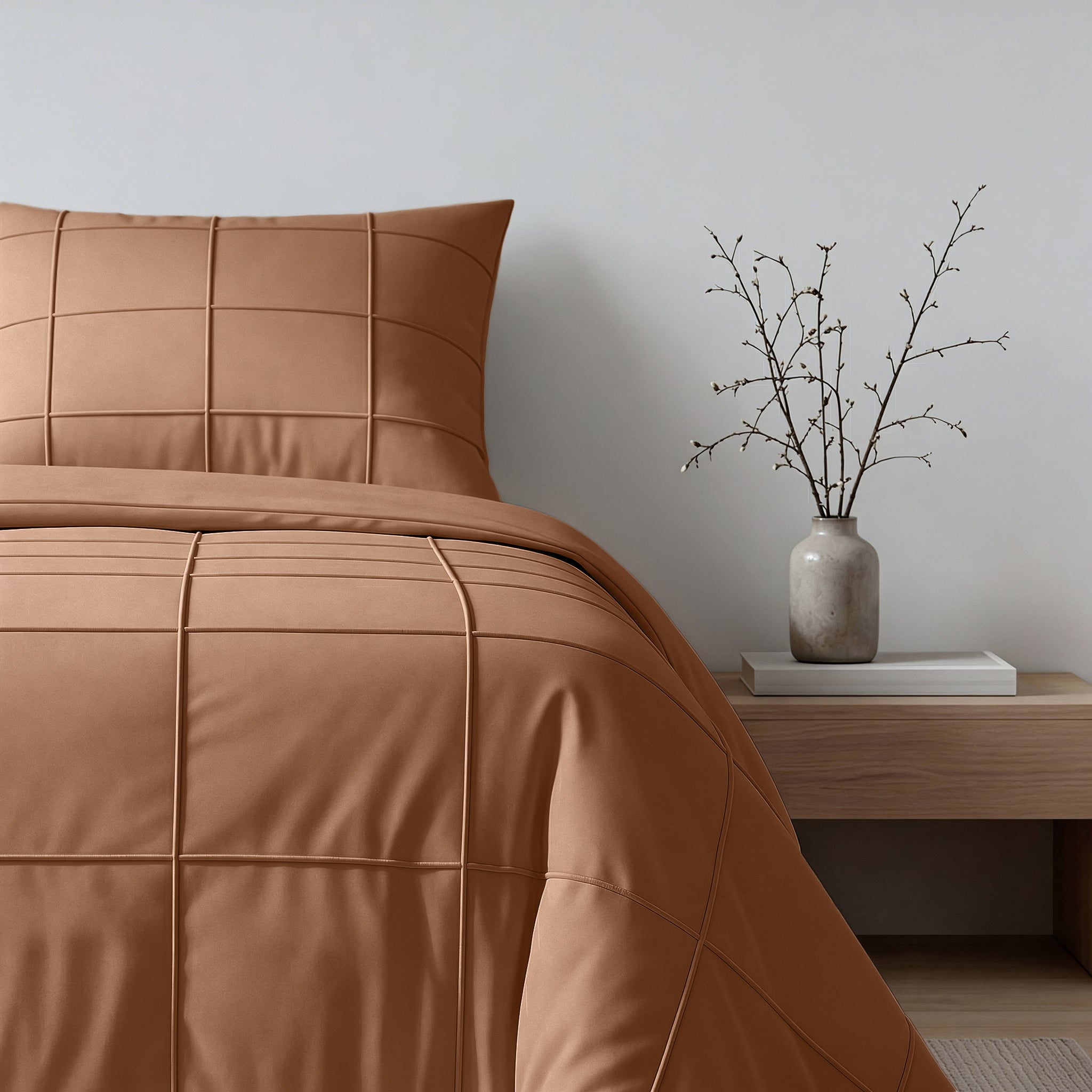 Sleeptime Check Pintuck Dekbedovertrek - Mocha Moose - 100% Microvezel