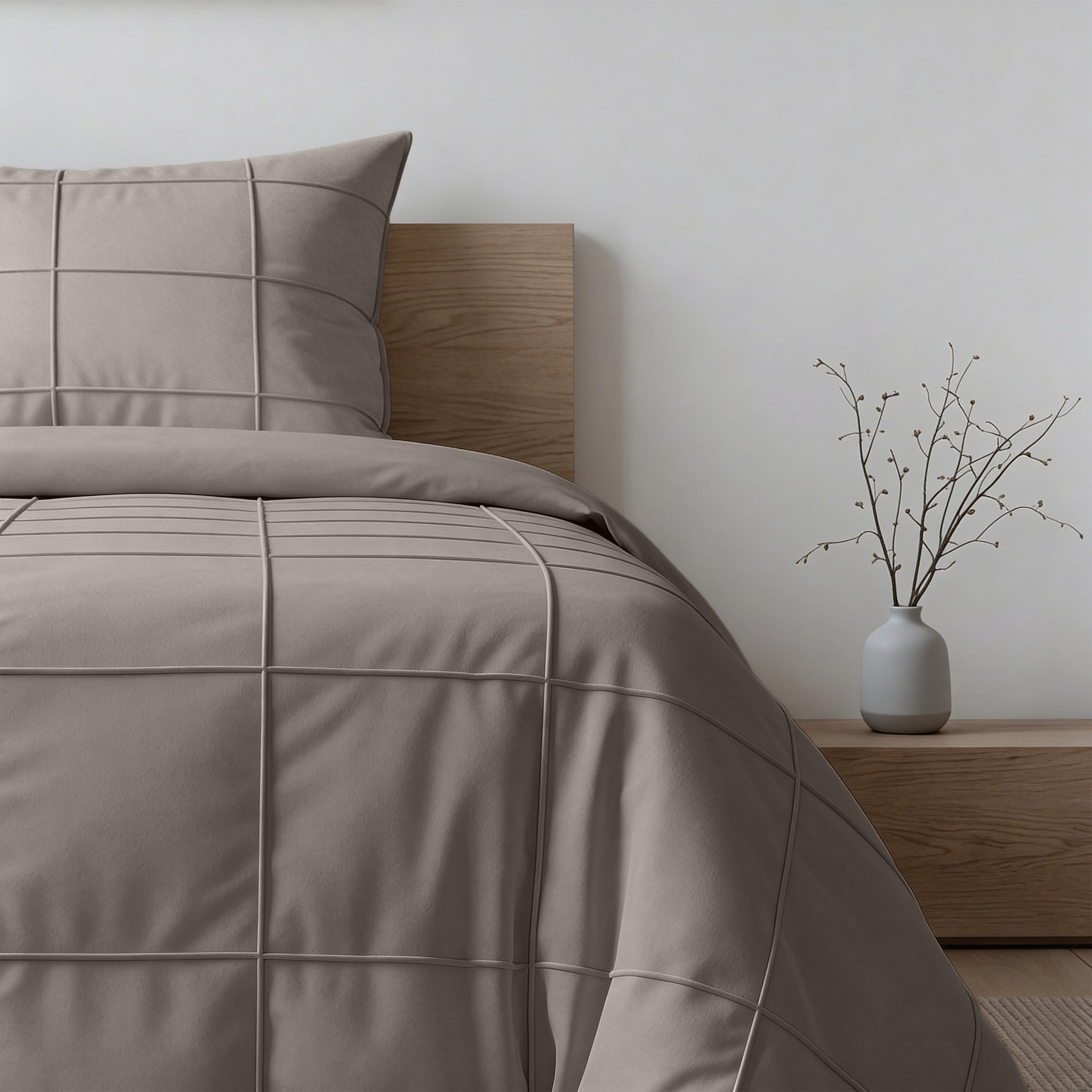 Sleeptime Check Pintuck Dekbedovertrek - Taupe/Grijs - 100% Microvezel