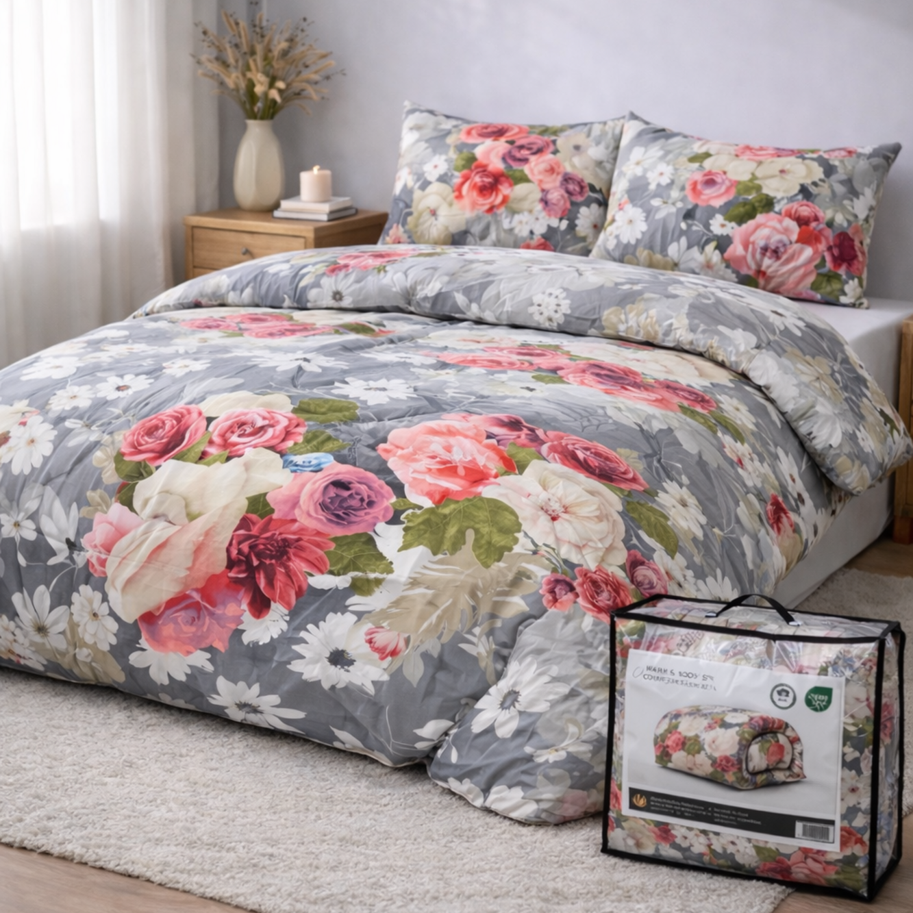 Valking Dekbed Zonder Overtrek - Grijs & Rozen - Voor het hele jaar