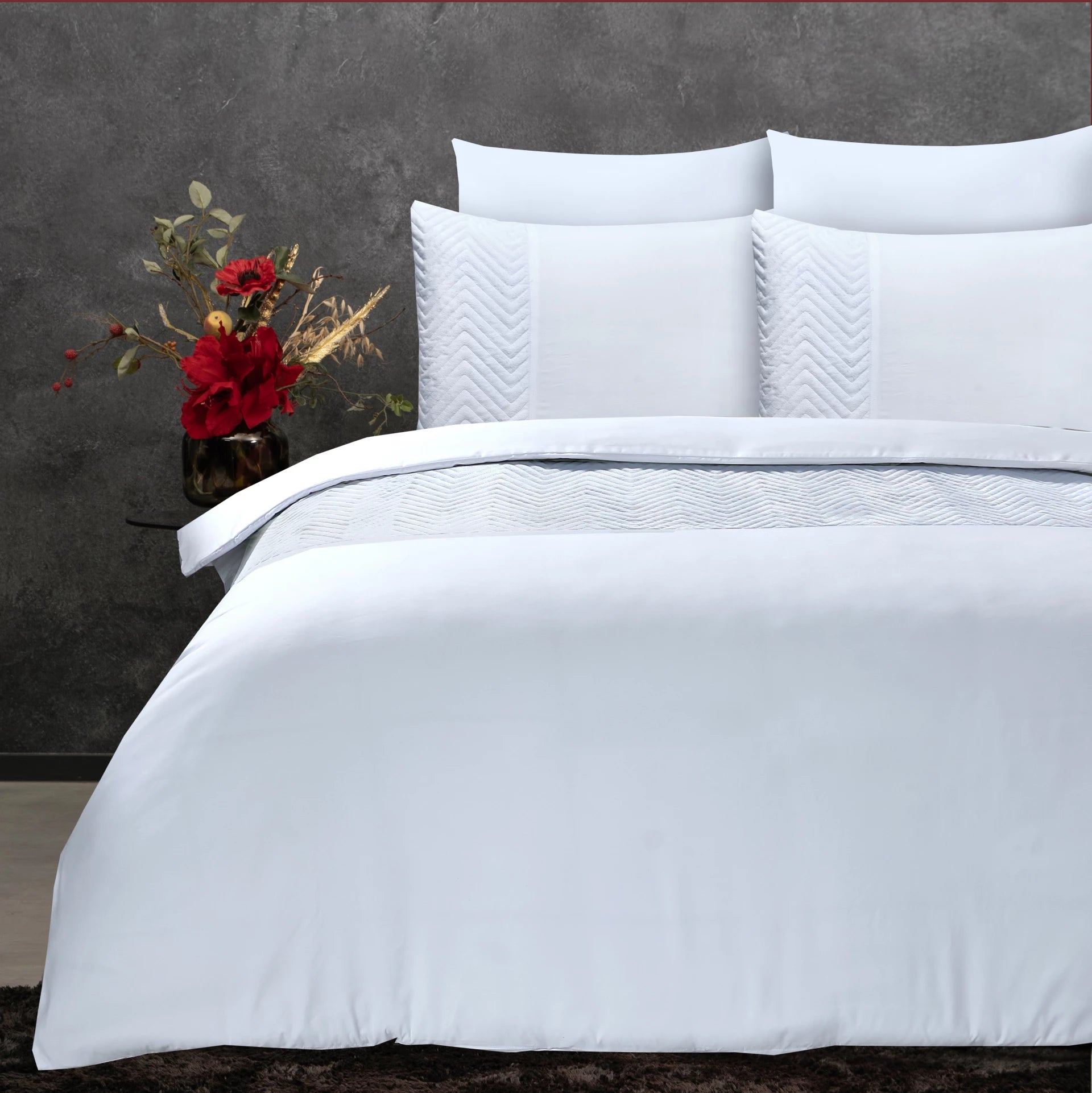 Velvet Crossline White Duvet Cover - Luxurious velvet band - Velvet soft - Square stitched