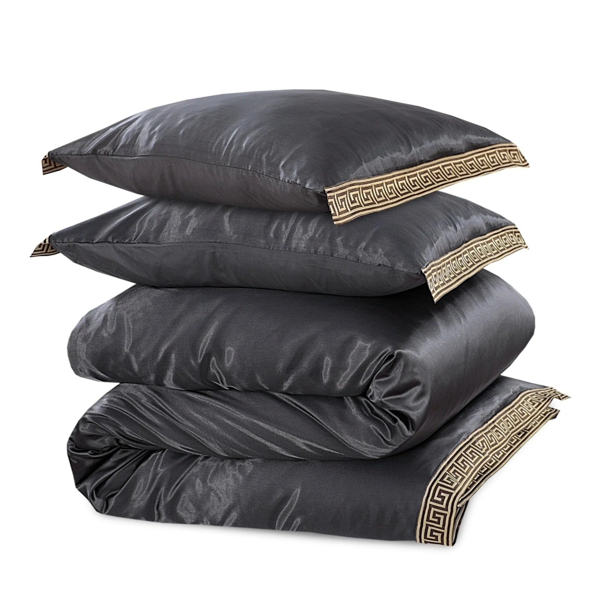 Glossy Satin Duvet Cover Grey with Lace - Greek Key