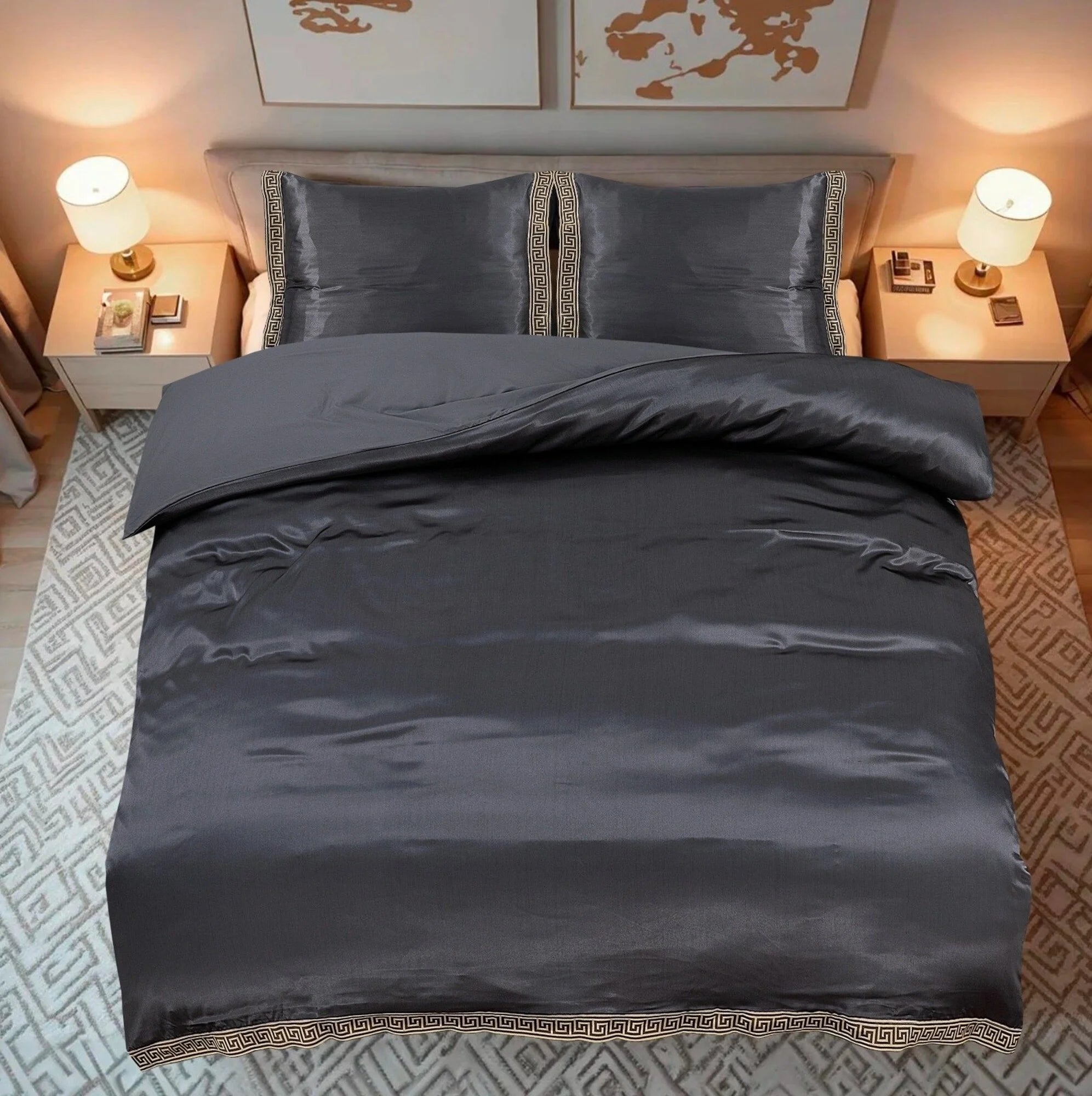 Glossy Satin Duvet Cover Grey with Lace - Greek Key