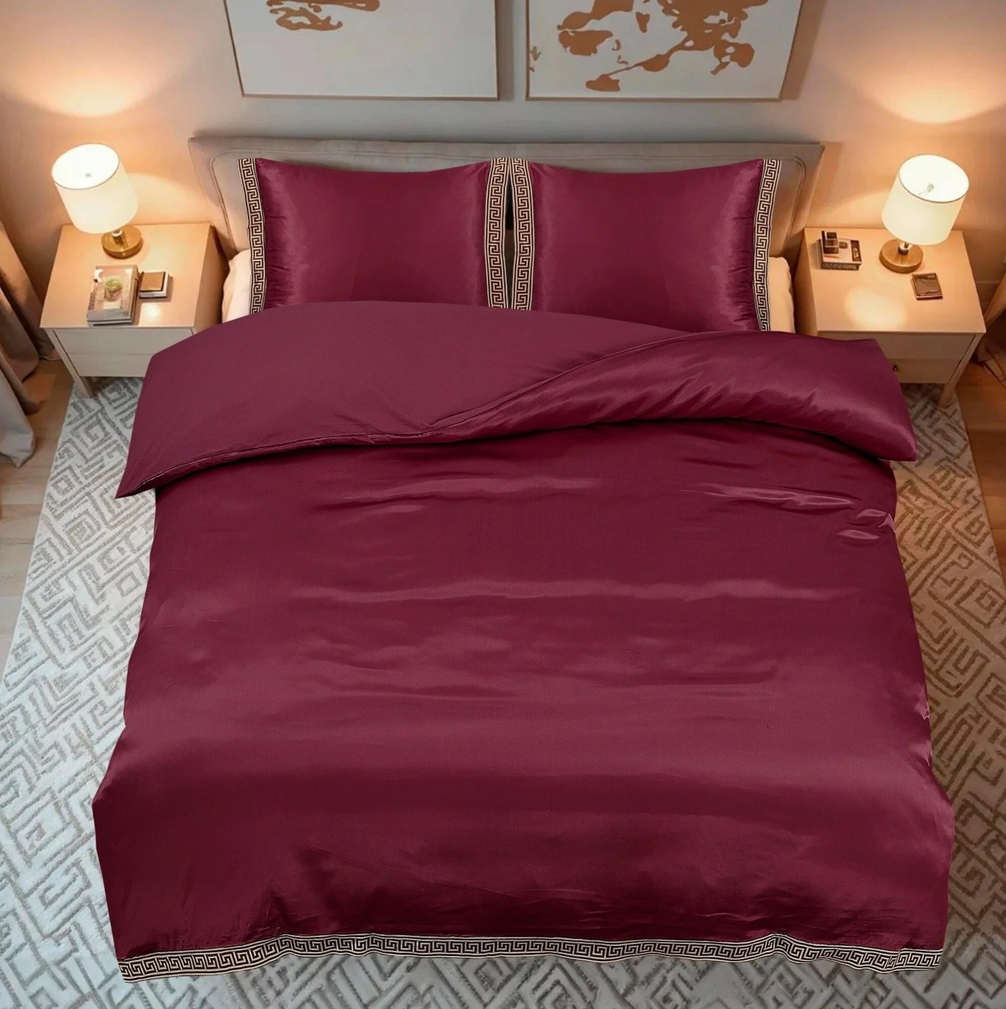 Glanzend Satijnen Dekbedovertrek Burgundy met Lace - Griekse Sleutel