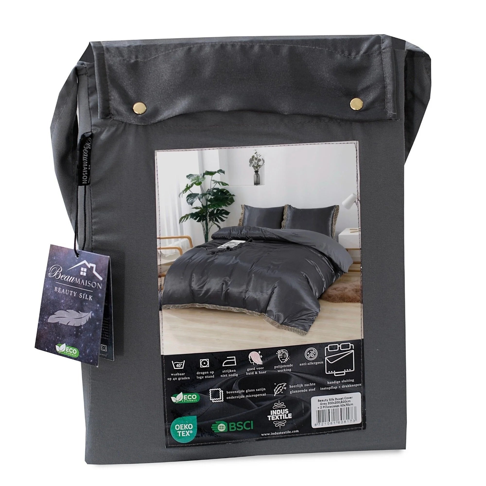 Glossy Satin Duvet Cover Grey with Lace - Greek Key