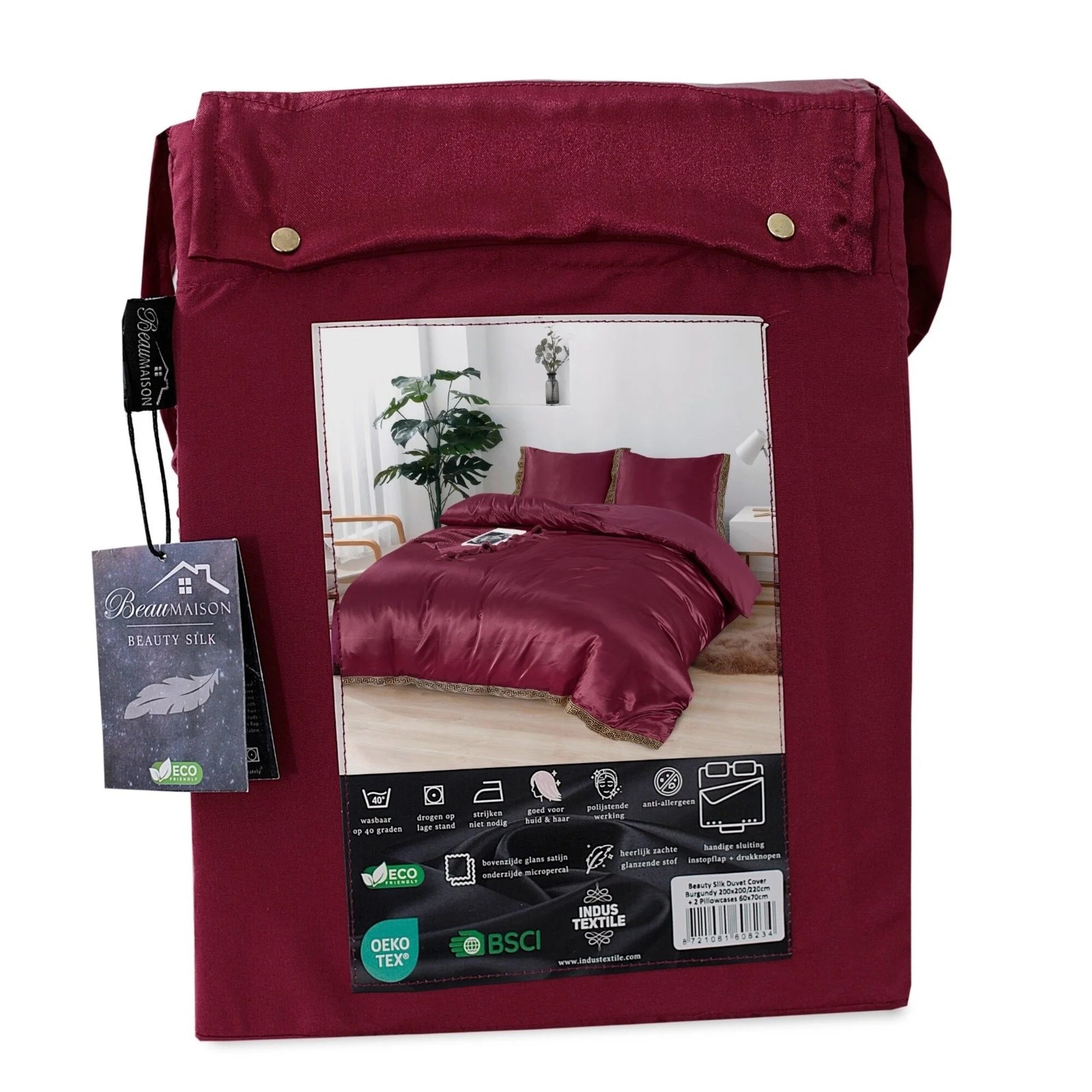 Glanzend Satijnen Dekbedovertrek Burgundy met Lace - Griekse Sleutel