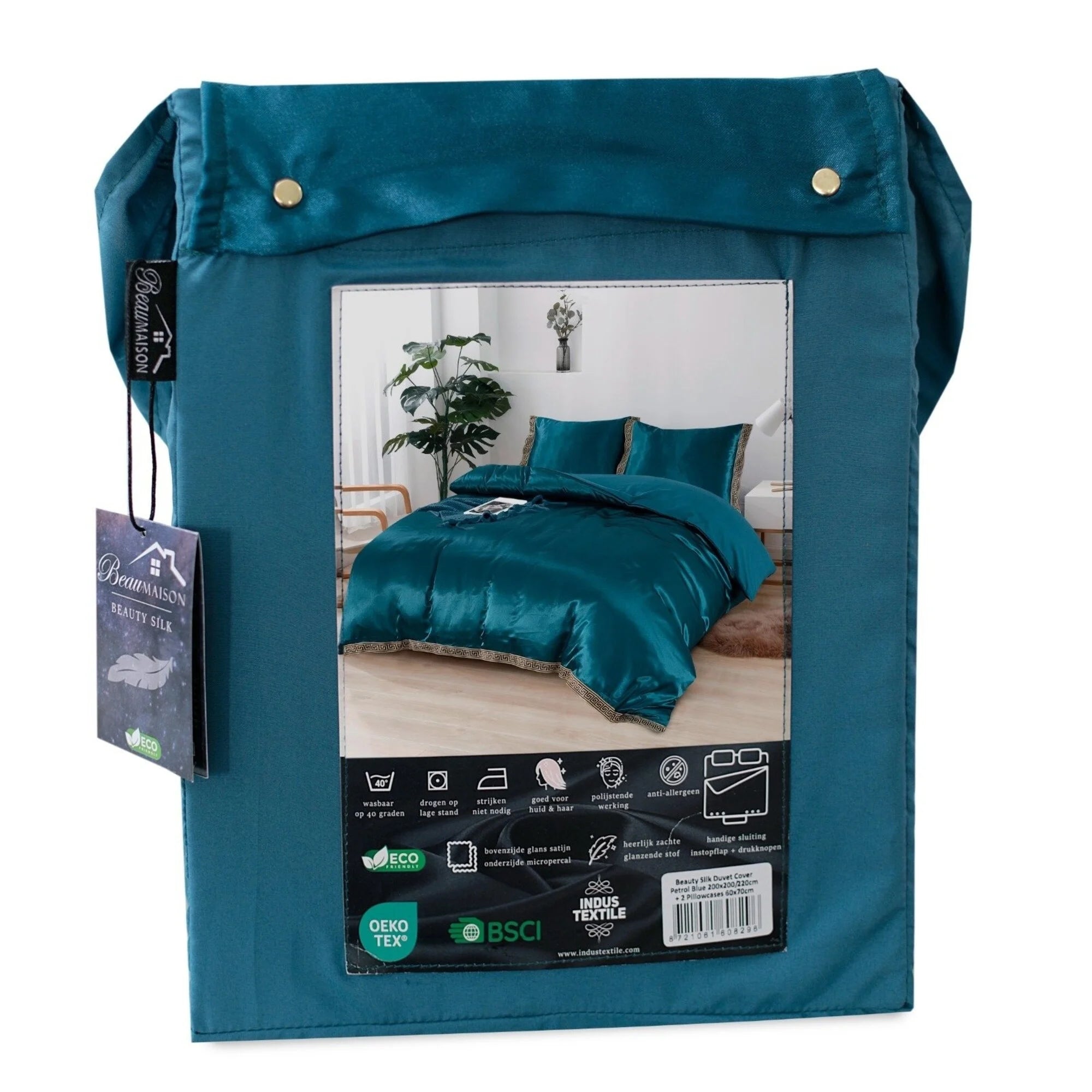 Glanzend Satijnen Dekbedovertrek Petrol Blauw met Lace - Griekse Sleutel