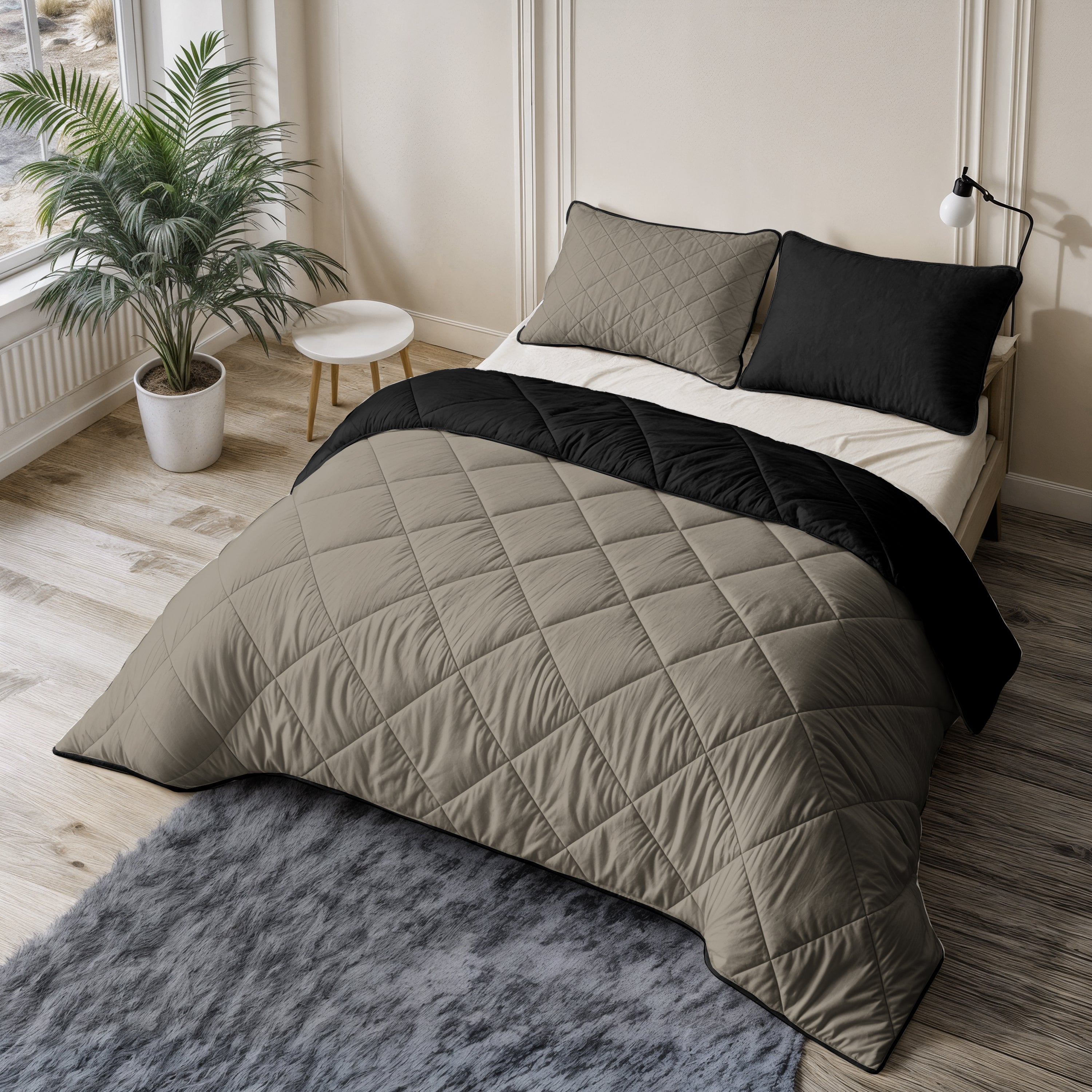 All-in One Lazy Velvet Dekbed Taupe/Zwart - Dekbed met kussenslopen