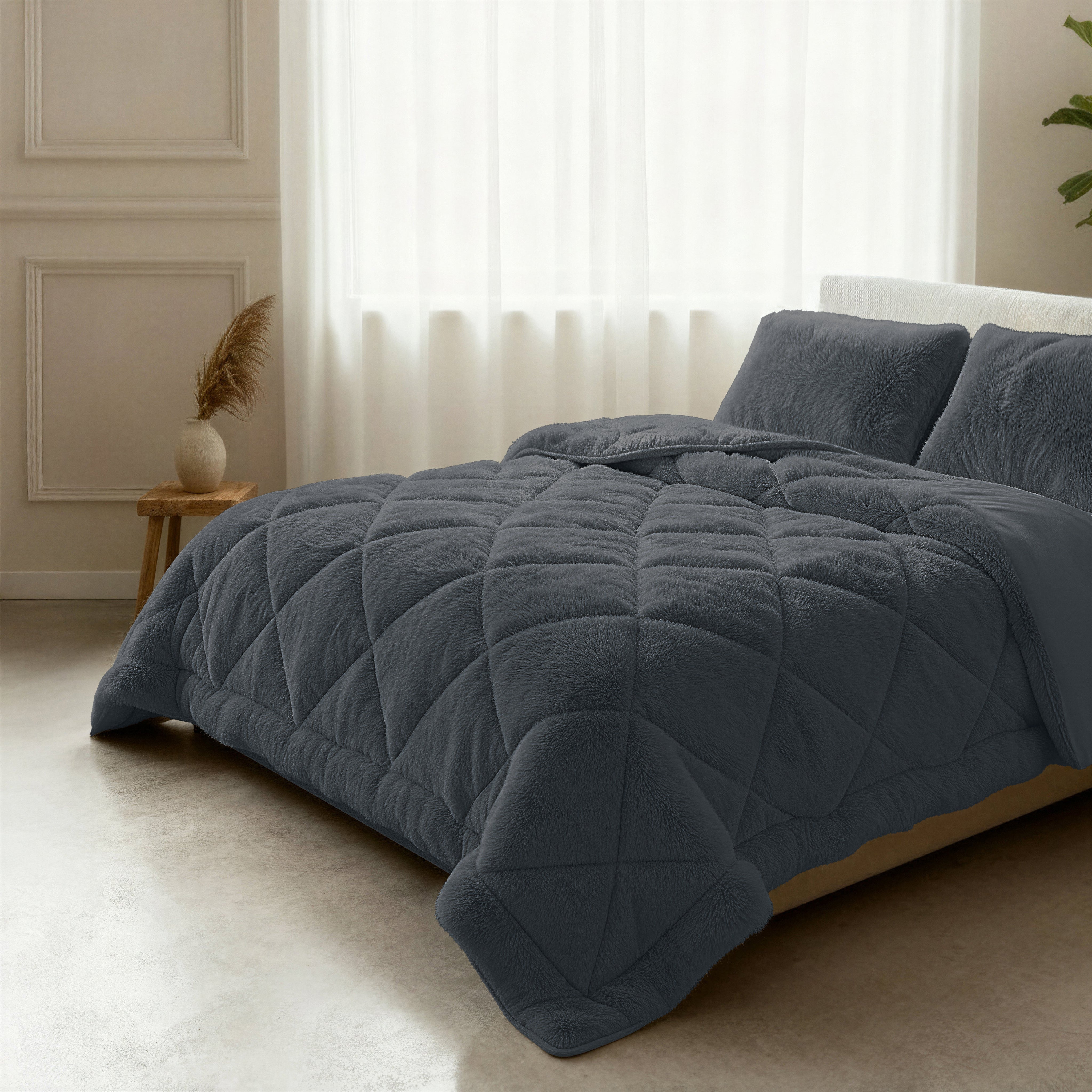 All-in One Lazy Faux Fur Dekbed Antraciet - Dekbed met kussenslopen