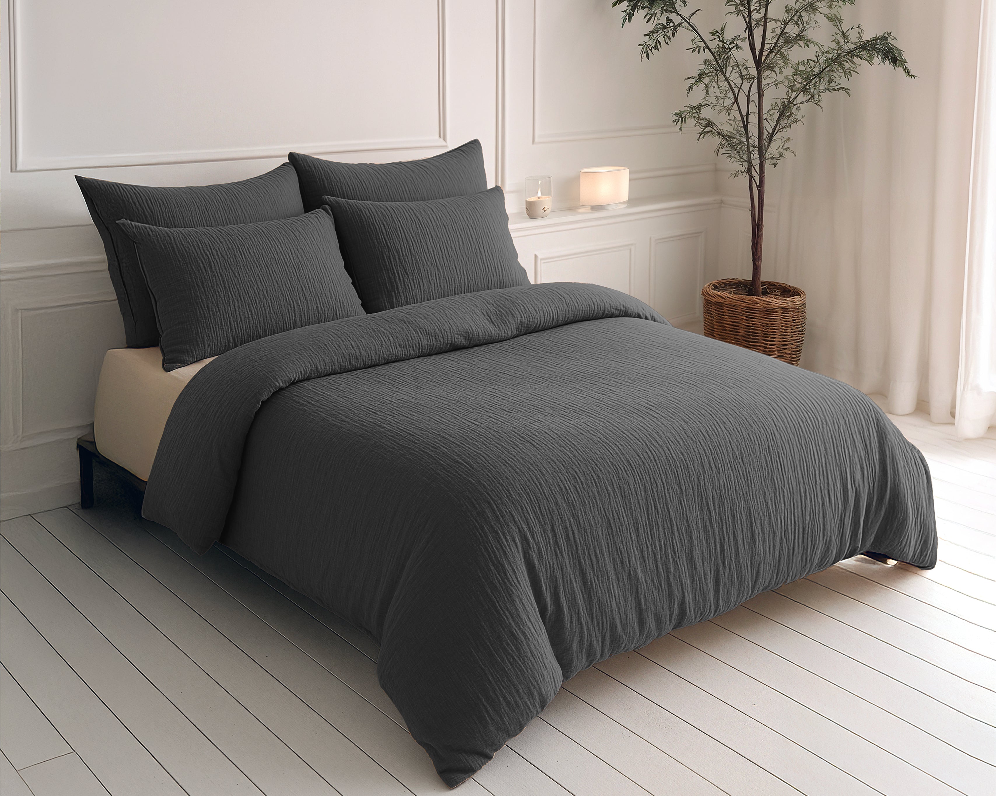 All-in One Lazy Mousseline Dekbed Antraciet - Dekbed met kussenslopen