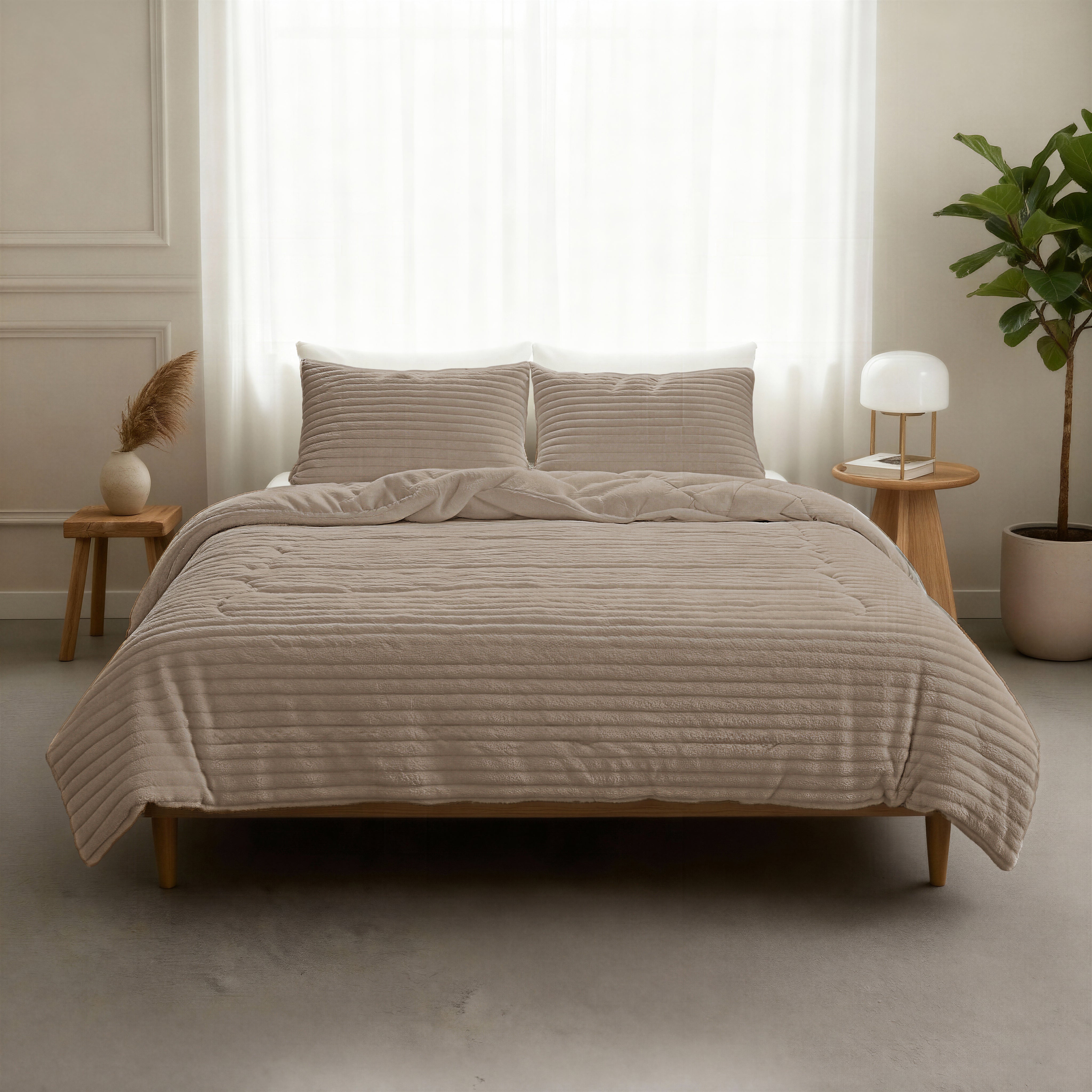 All-in One Lazy Rib Flanel Dekbed Taupe - Dekbed met kussenslopen