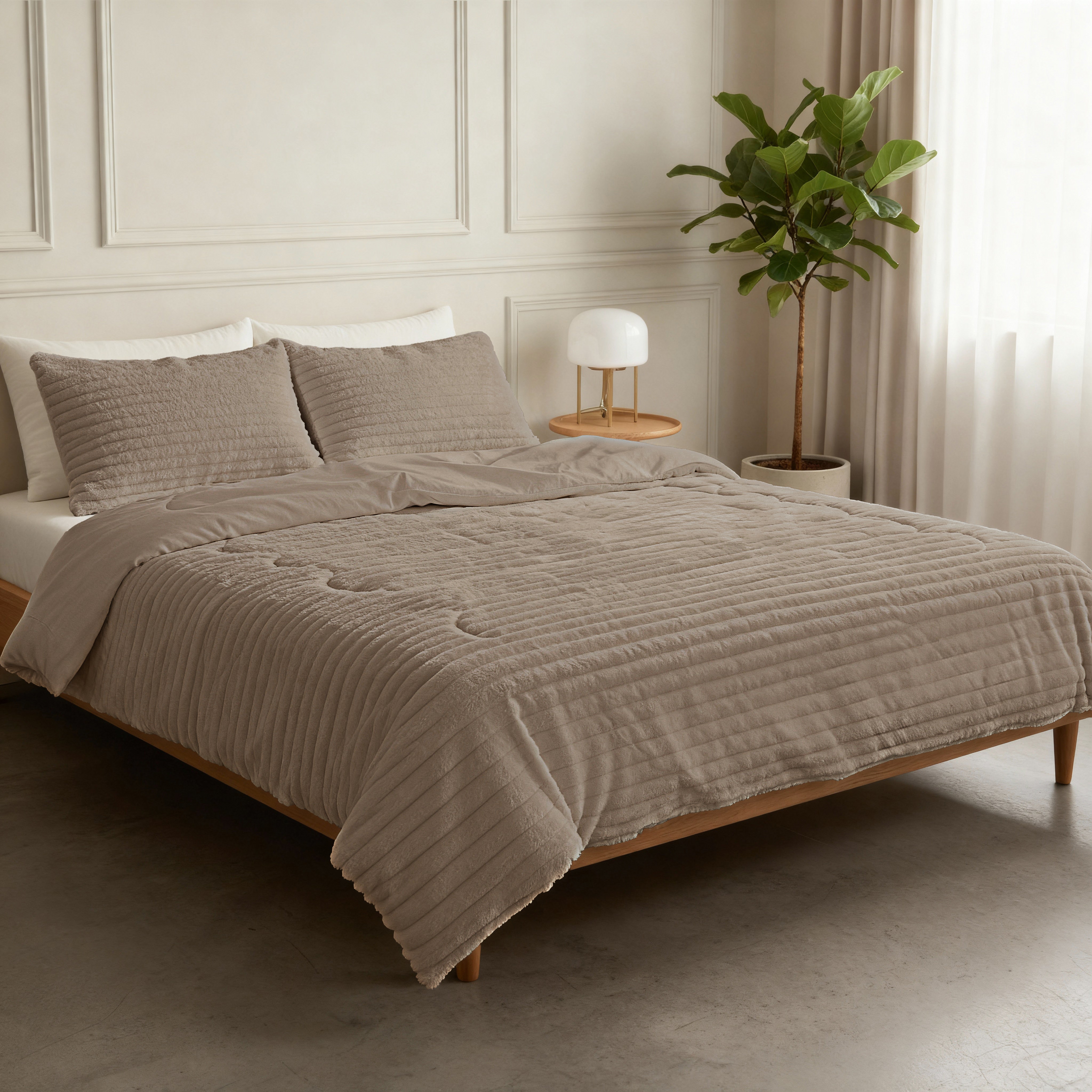 All-in One Lazy Rib Flanel Dekbed Taupe - Dekbed met kussenslopen