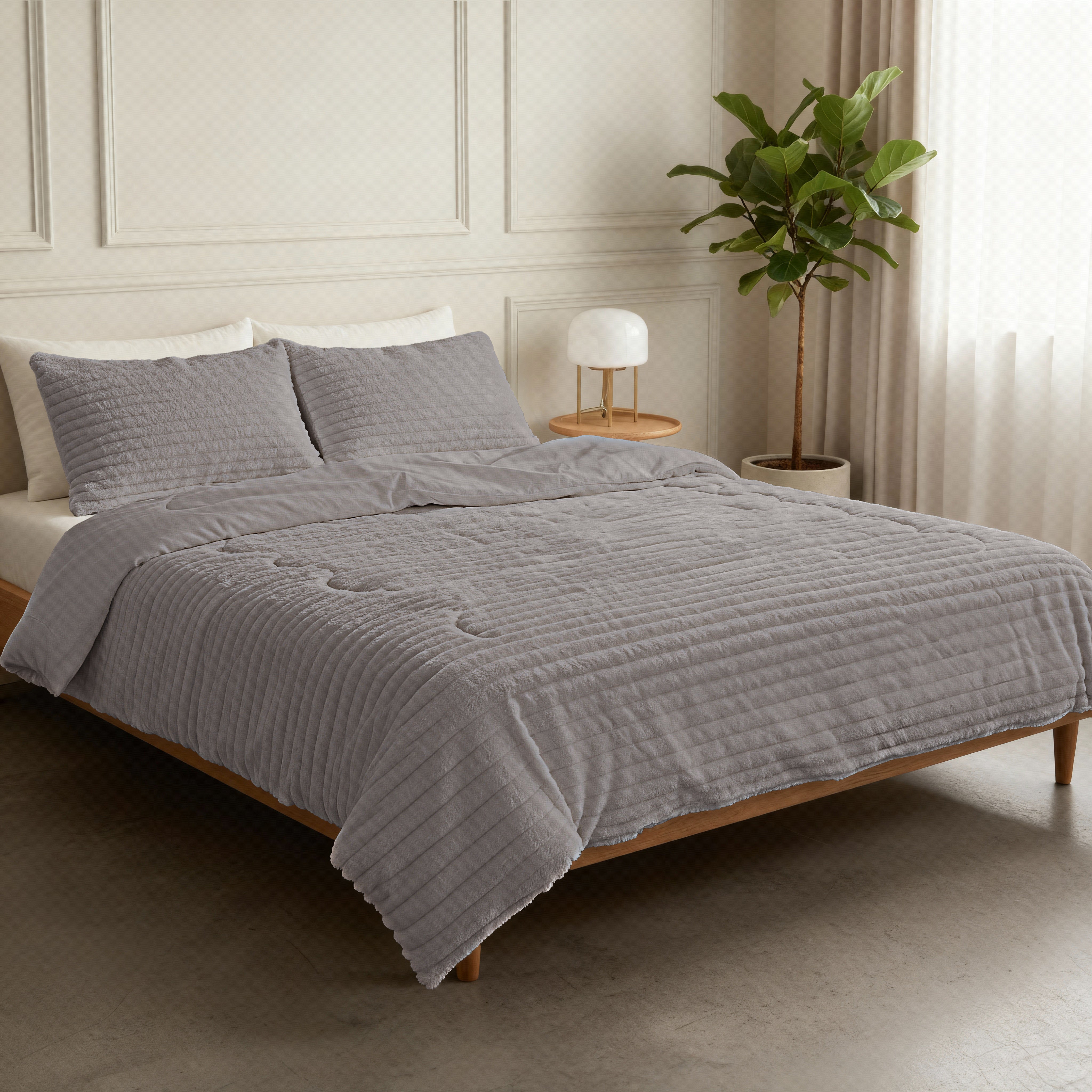 All-in One Lazy Rib Flanel Dekbed Taupe/Grey - Dekbed met kussenslopen
