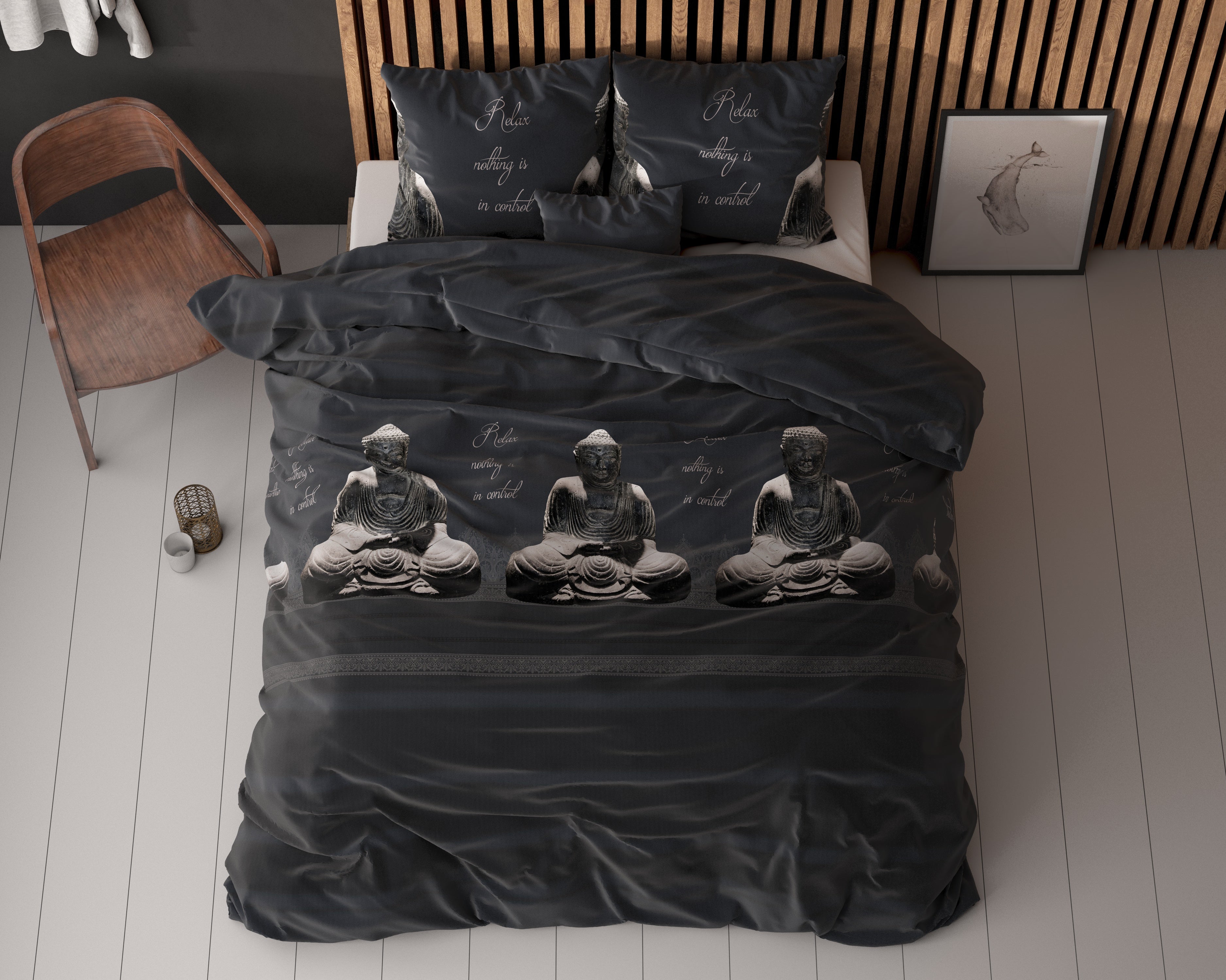 Buddha Dekbedovertrek Antraciet - Katoen geweven - Strijkvrij - Leuke prints
