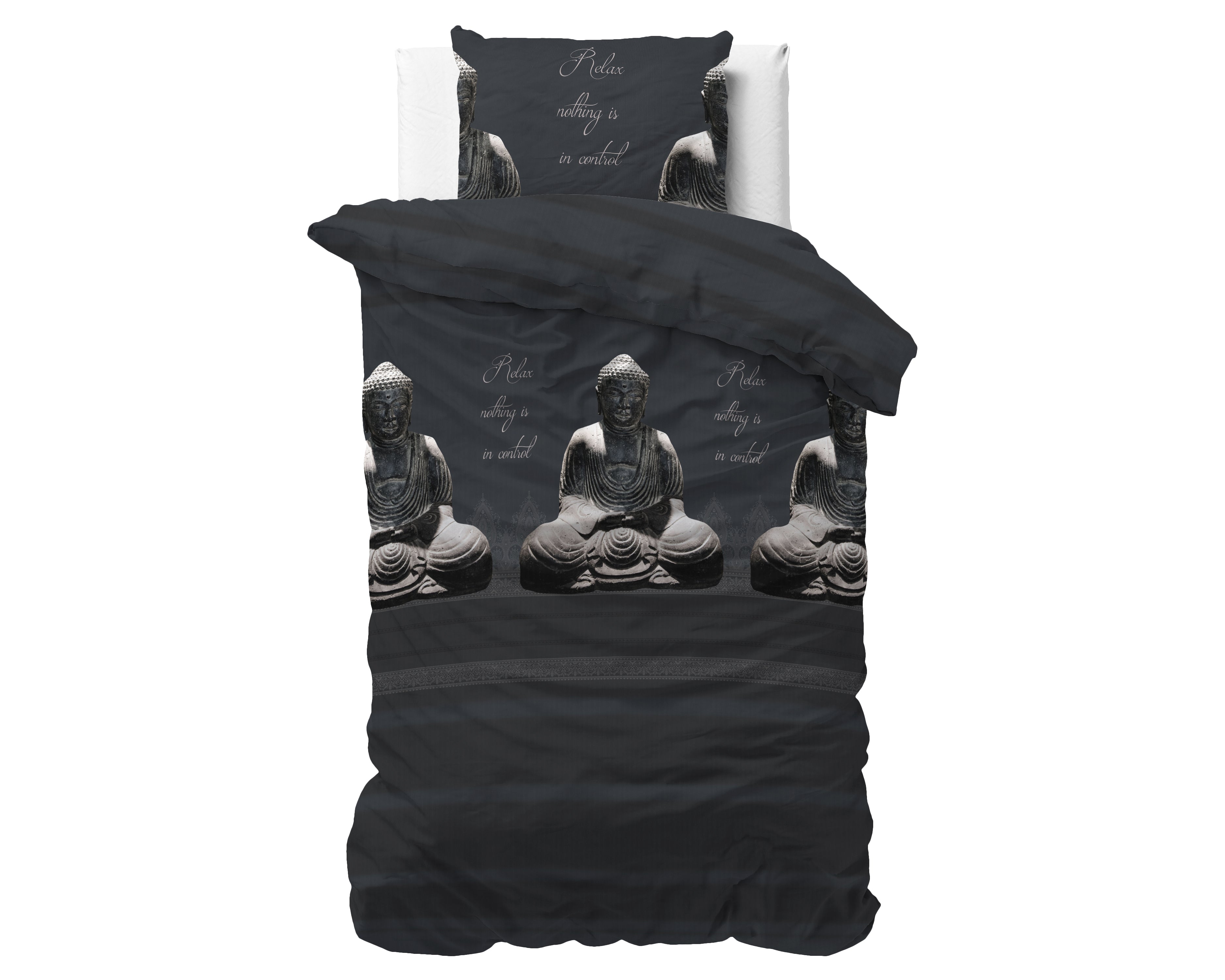 Buddha Dekbedovertrek Antraciet - Katoen geweven - Strijkvrij - Leuke prints
